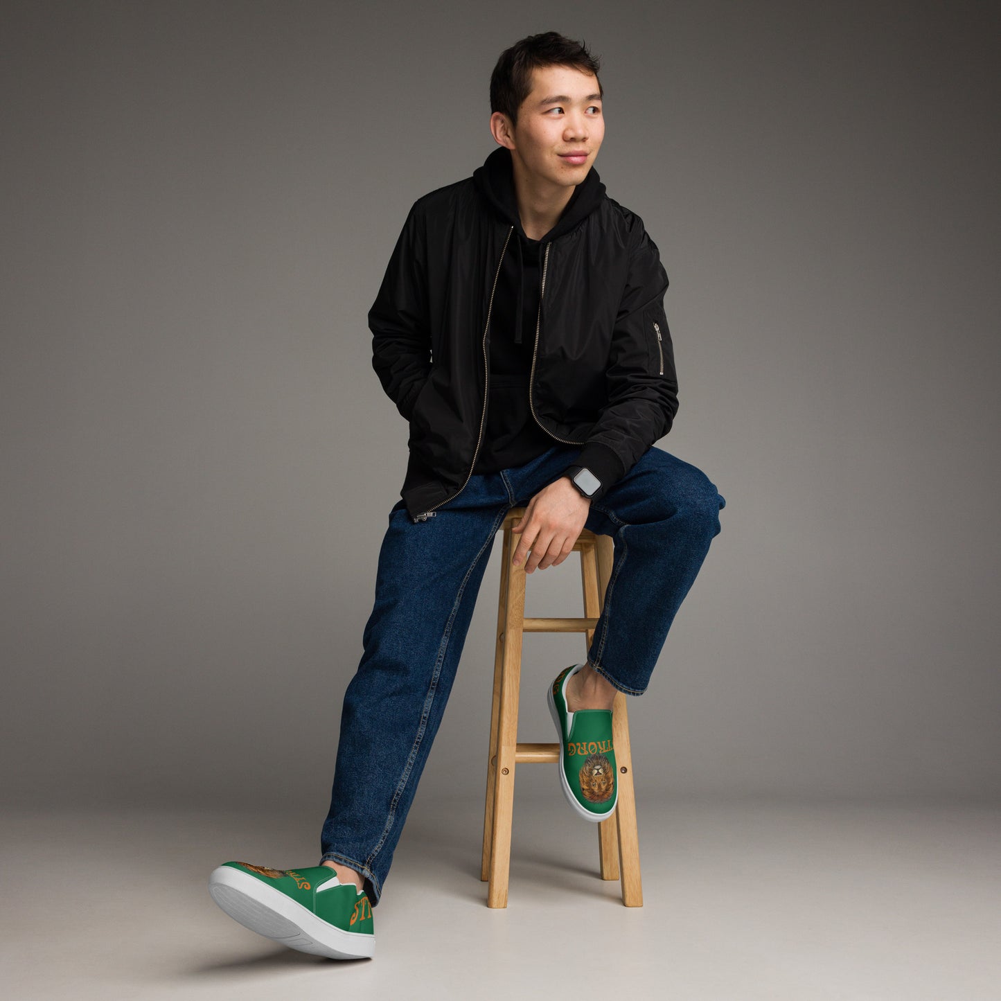 “STRONG”Green Men’s Slip-On Canvas Shoes W/Orange Font