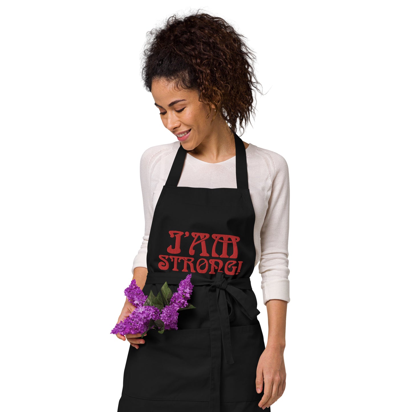 “I’AM STRONG!”Embroidered Organic Cotton Apron W/Red Font