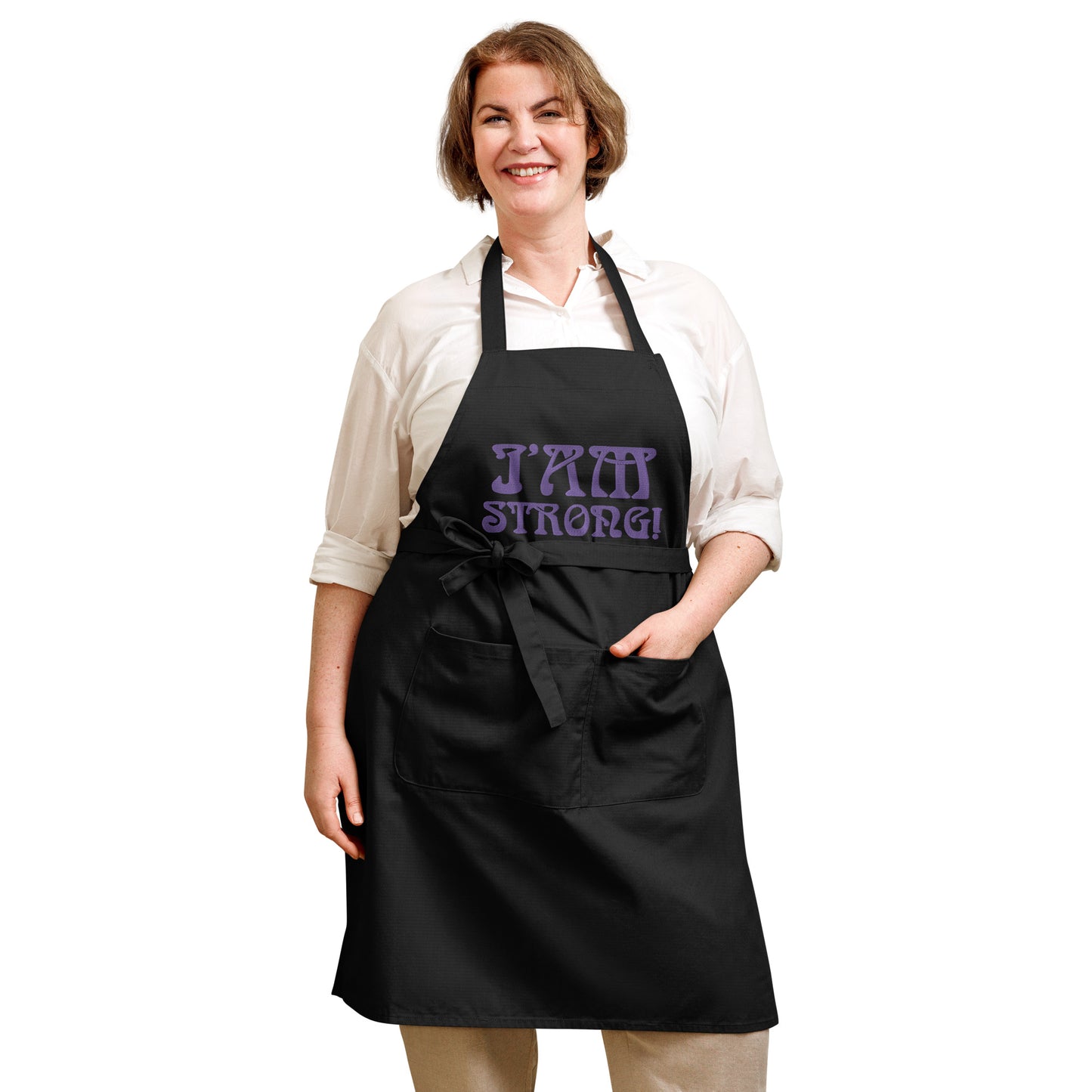 “I’AM STRONG!”Embroidered Organic Cotton Apron W/Purple Font