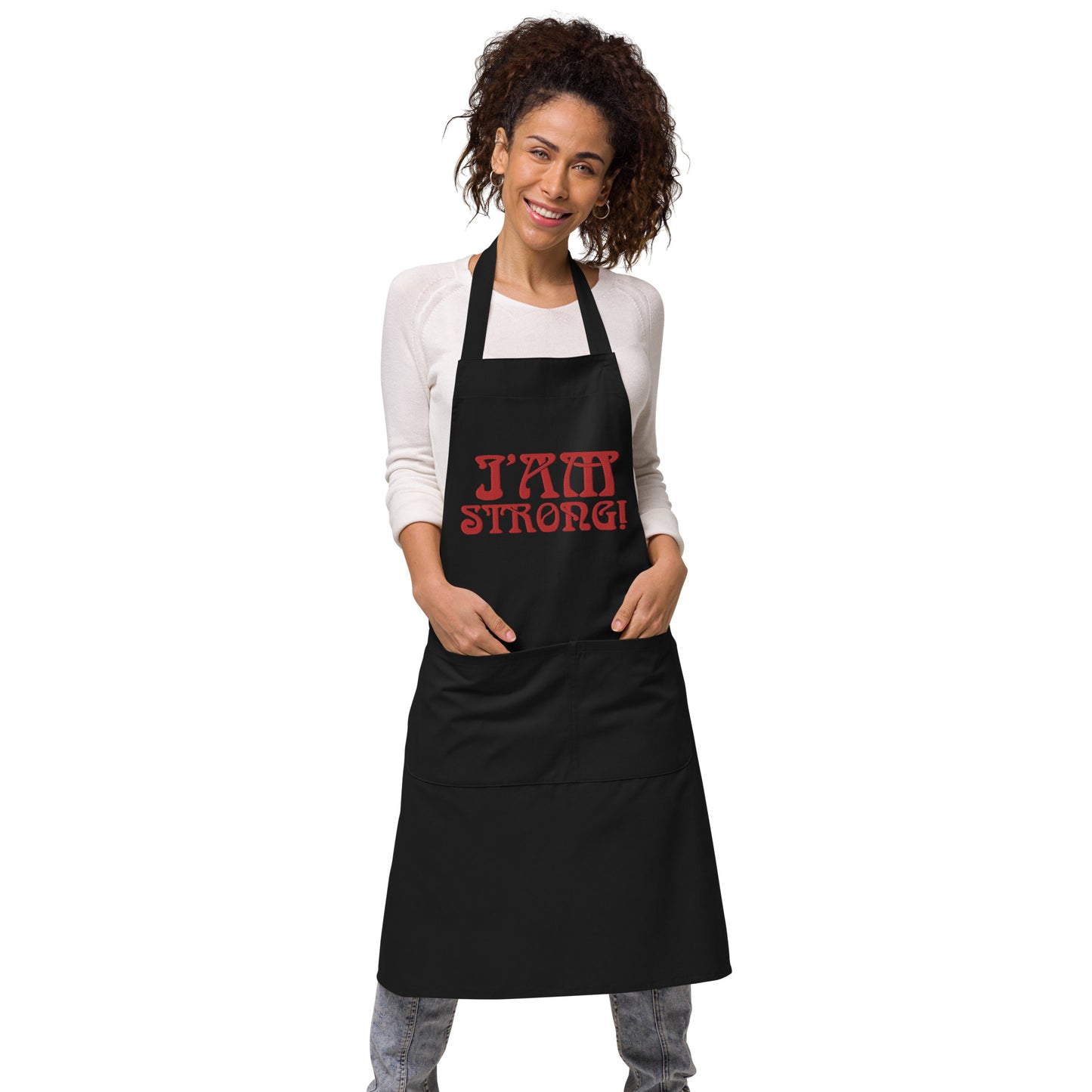 “I’AM STRONG!”Embroidered Organic Cotton Apron W/Red Font