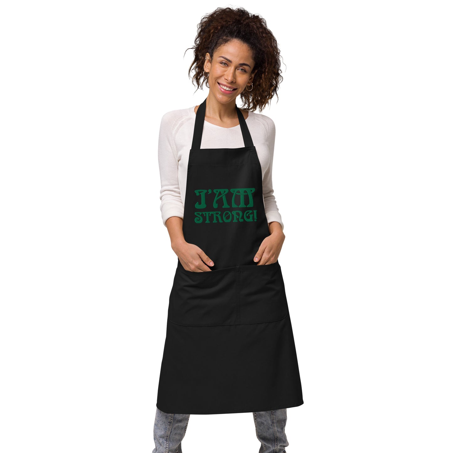 “I’AM STRONG!” Embroidered Organic Cotton Apron W/Green Font