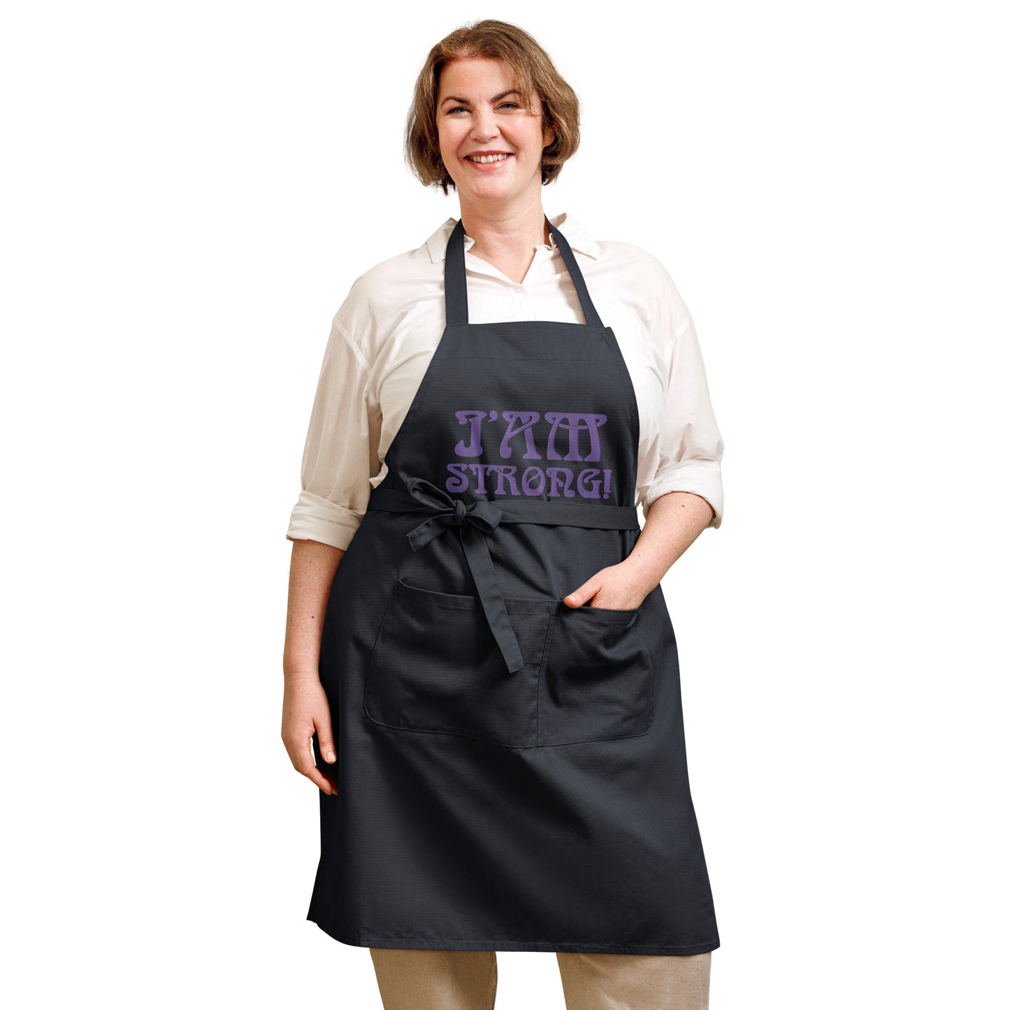 “I’AM STRONG!”Embroidered Organic Cotton Apron W/Purple Font