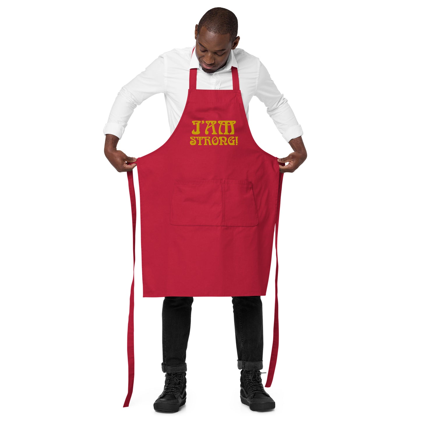 “I’AM STRONG!” Embroidered Organic Cotton Apron W/Yellow Font