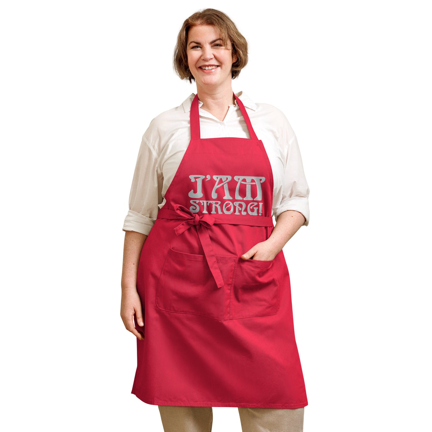 “I’AM STRONG!” Embroidered Organic Cotton Apron W/White Font