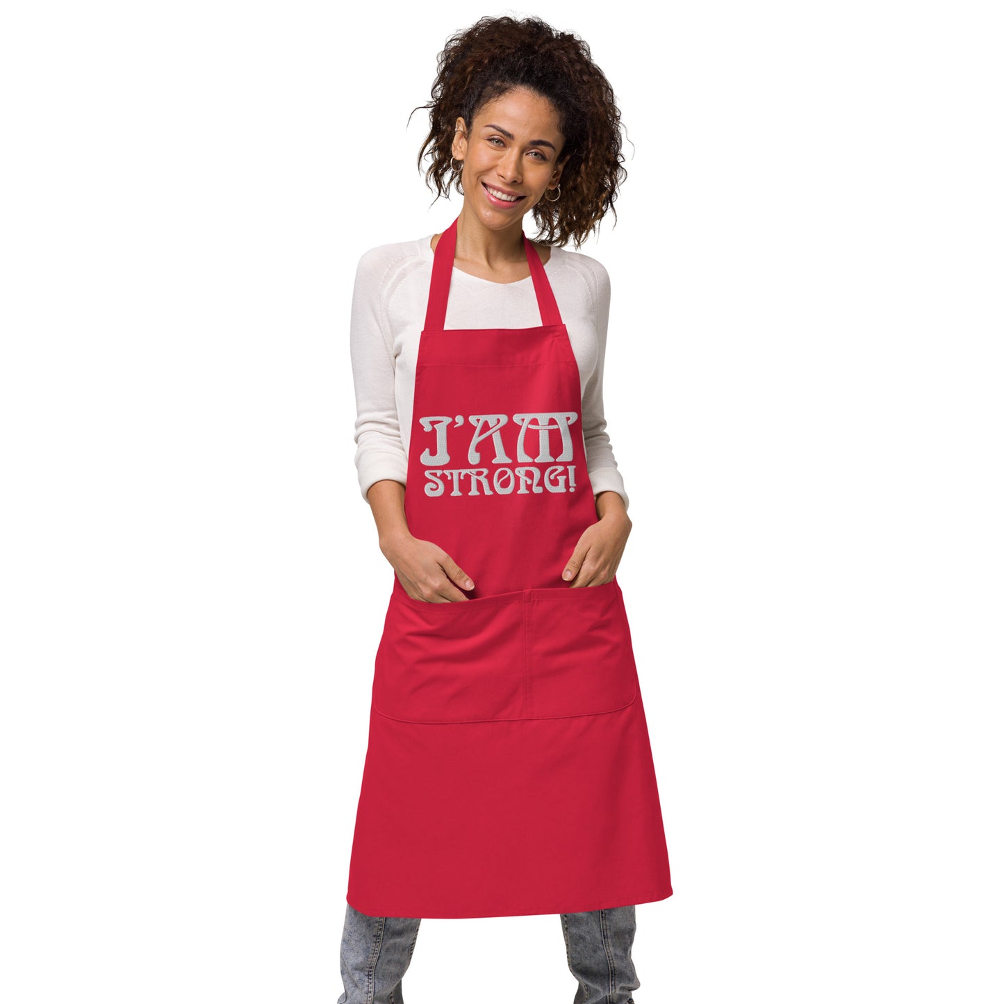“I’AM STRONG!” Embroidered Organic Cotton Apron W/White Font