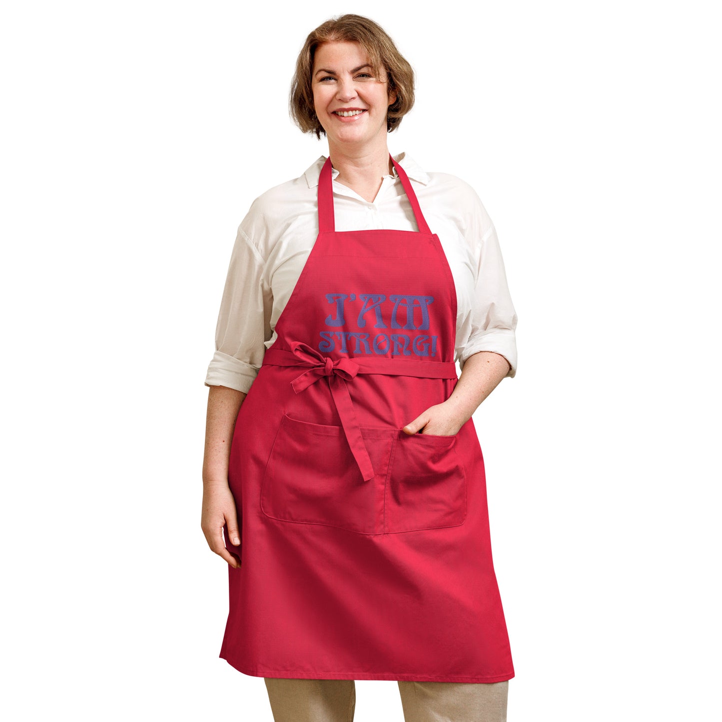 “I’AM STRONG!”Embroidered Organic Cotton Apron W/Purple Font