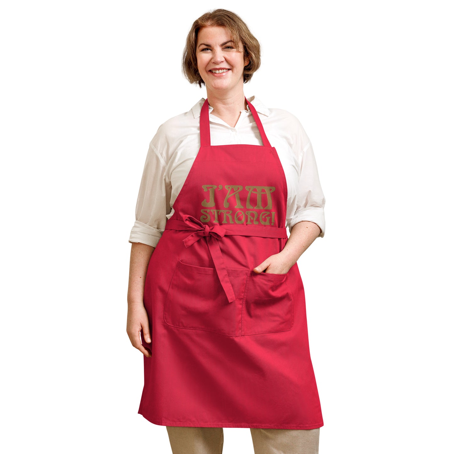 “I’AM STRONG!” Embroidered Organic Cotton Apron W/Bronze Font