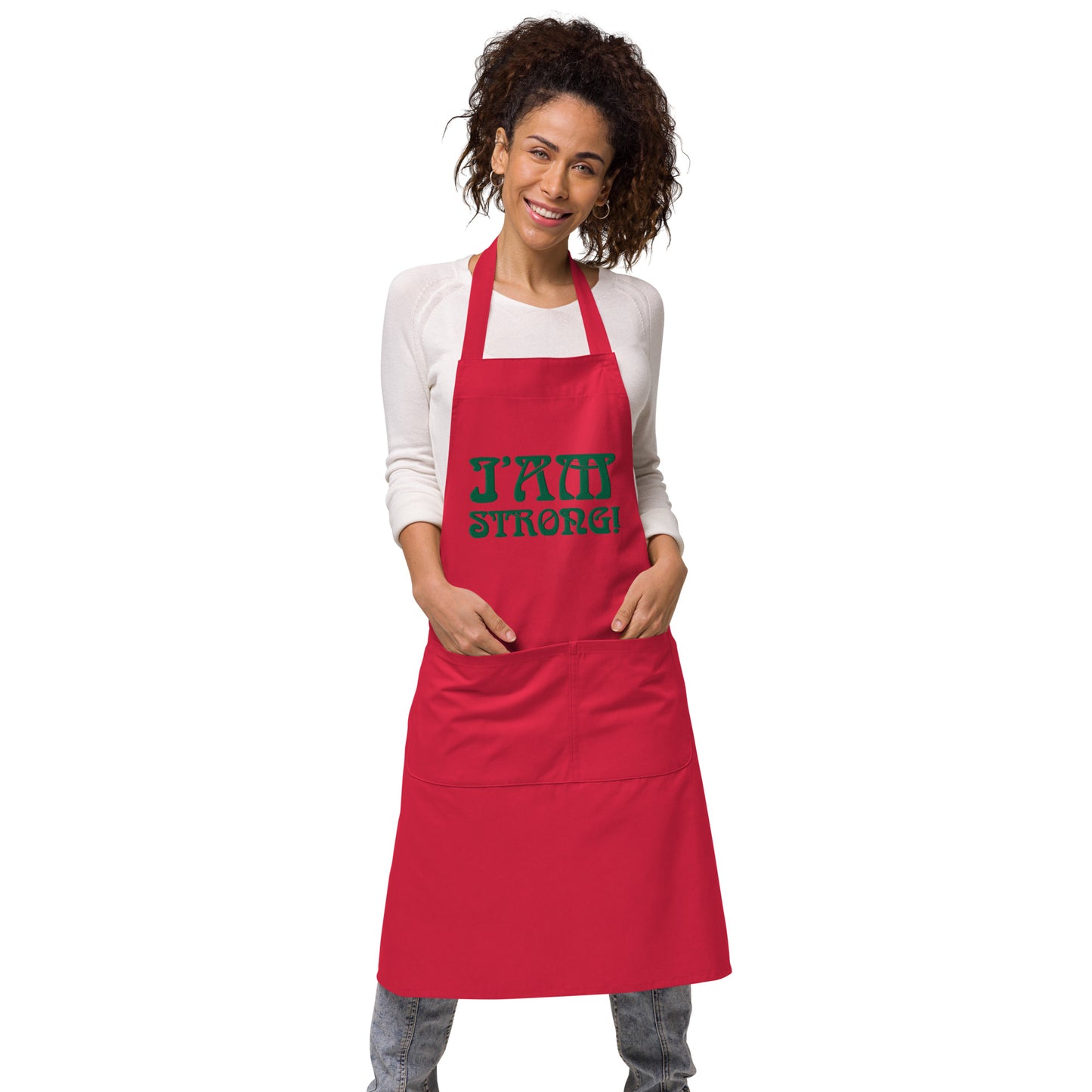 “I’AM STRONG!” Embroidered Organic Cotton Apron W/Green Font