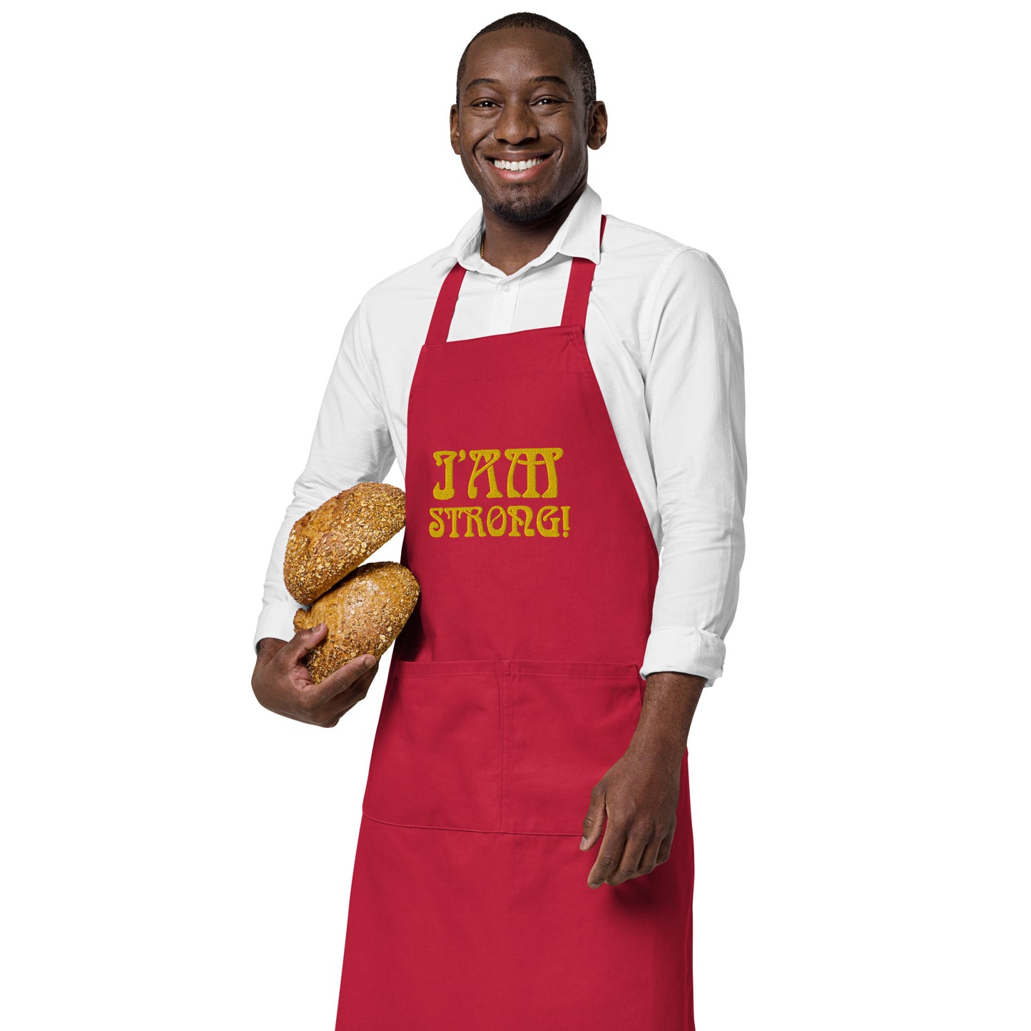 “I’AM STRONG!” Embroidered Organic Cotton Apron W/Yellow Font