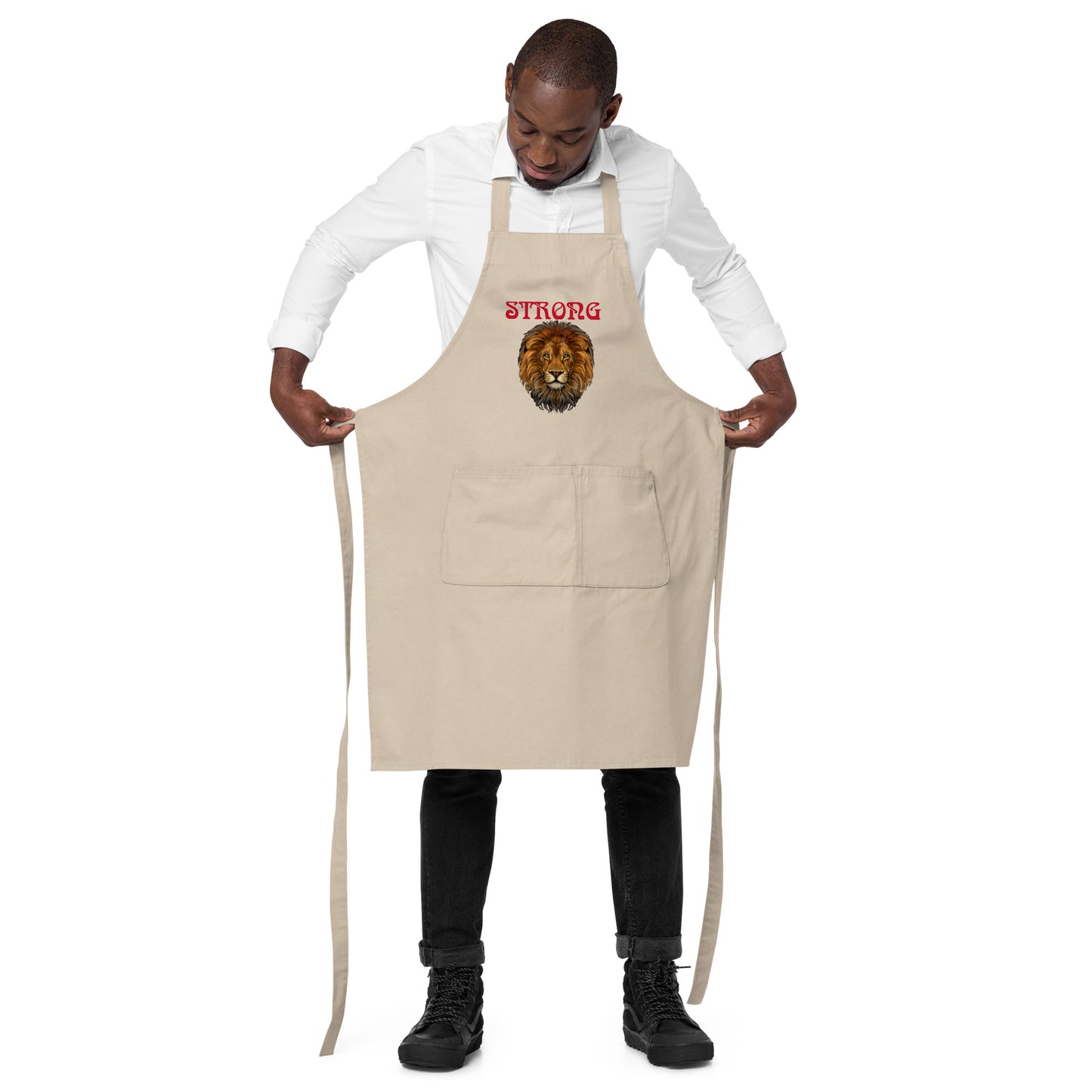 “STRONG”Organic Cotton Apron W/Red Font
