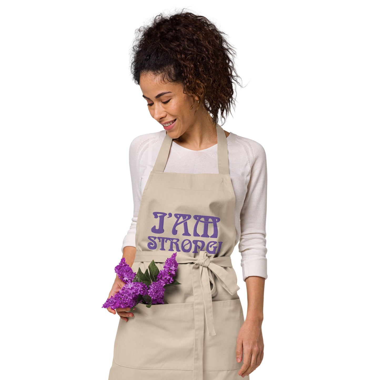 “I’AM STRONG!”Embroidered Organic Cotton Apron W/Purple Font