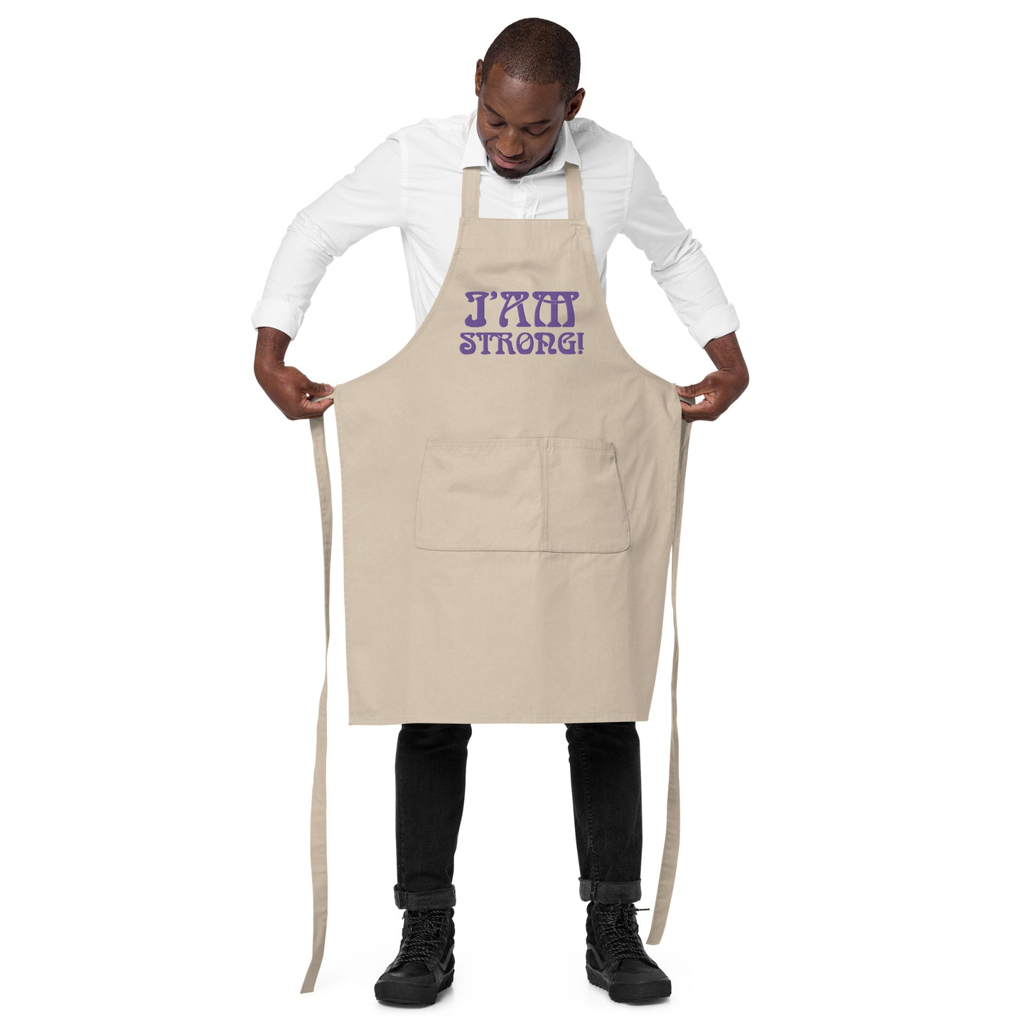“I’AM STRONG!”Embroidered Organic Cotton Apron W/Purple Font