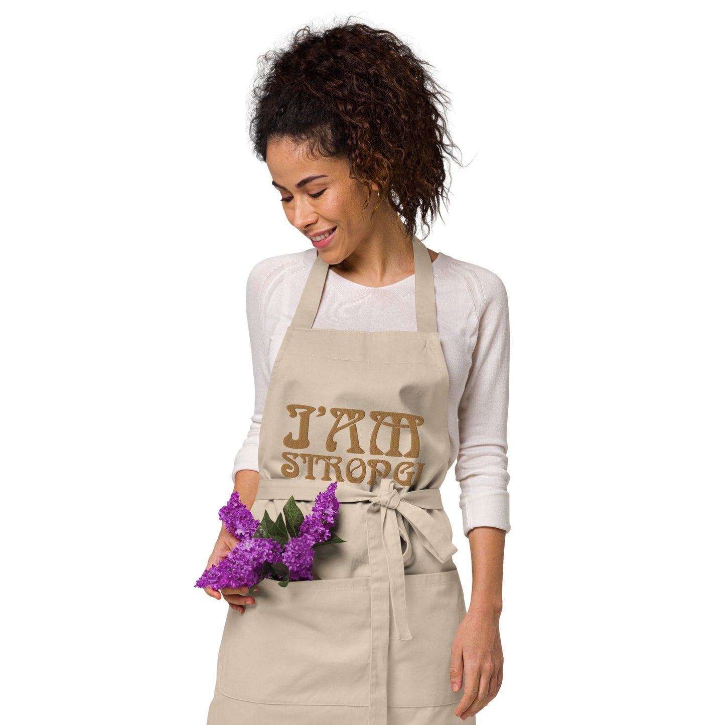 “I’AM STRONG!” Embroidered Organic Cotton Apron W/Bronze Font