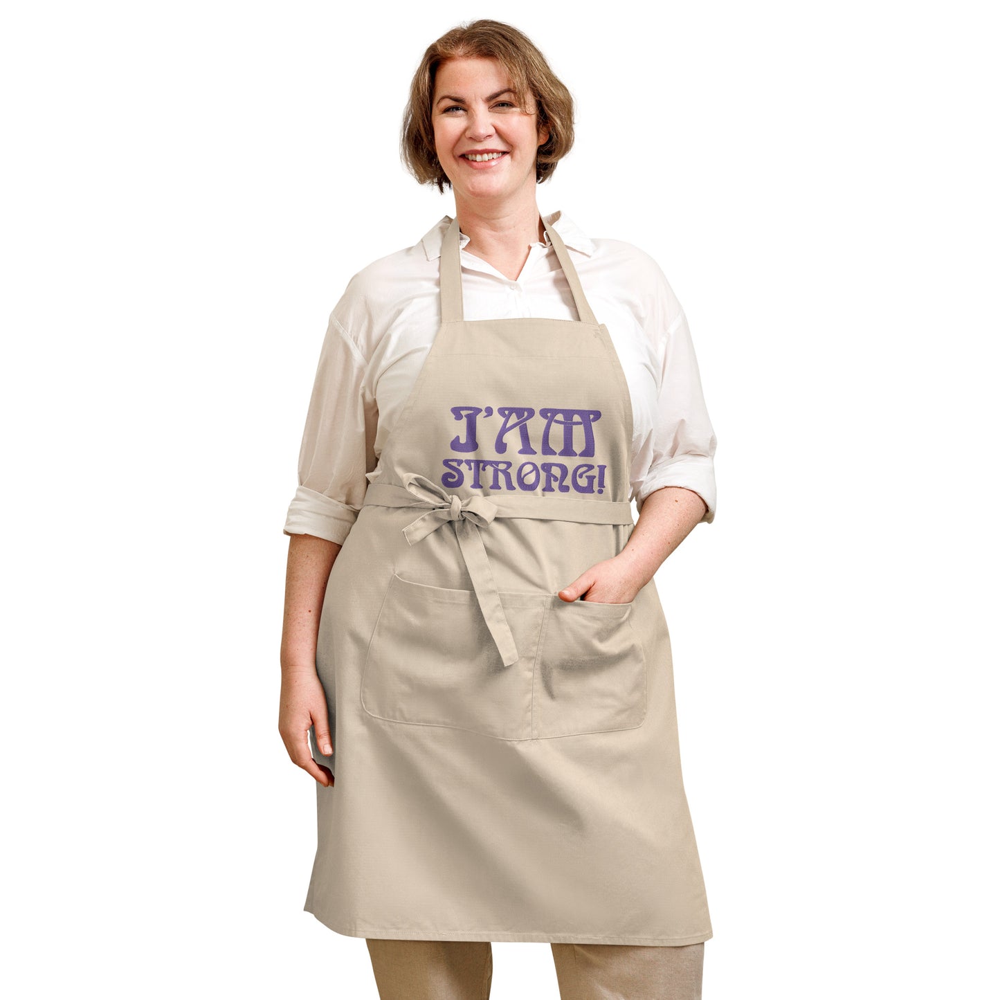 “I’AM STRONG!”Embroidered Organic Cotton Apron W/Purple Font