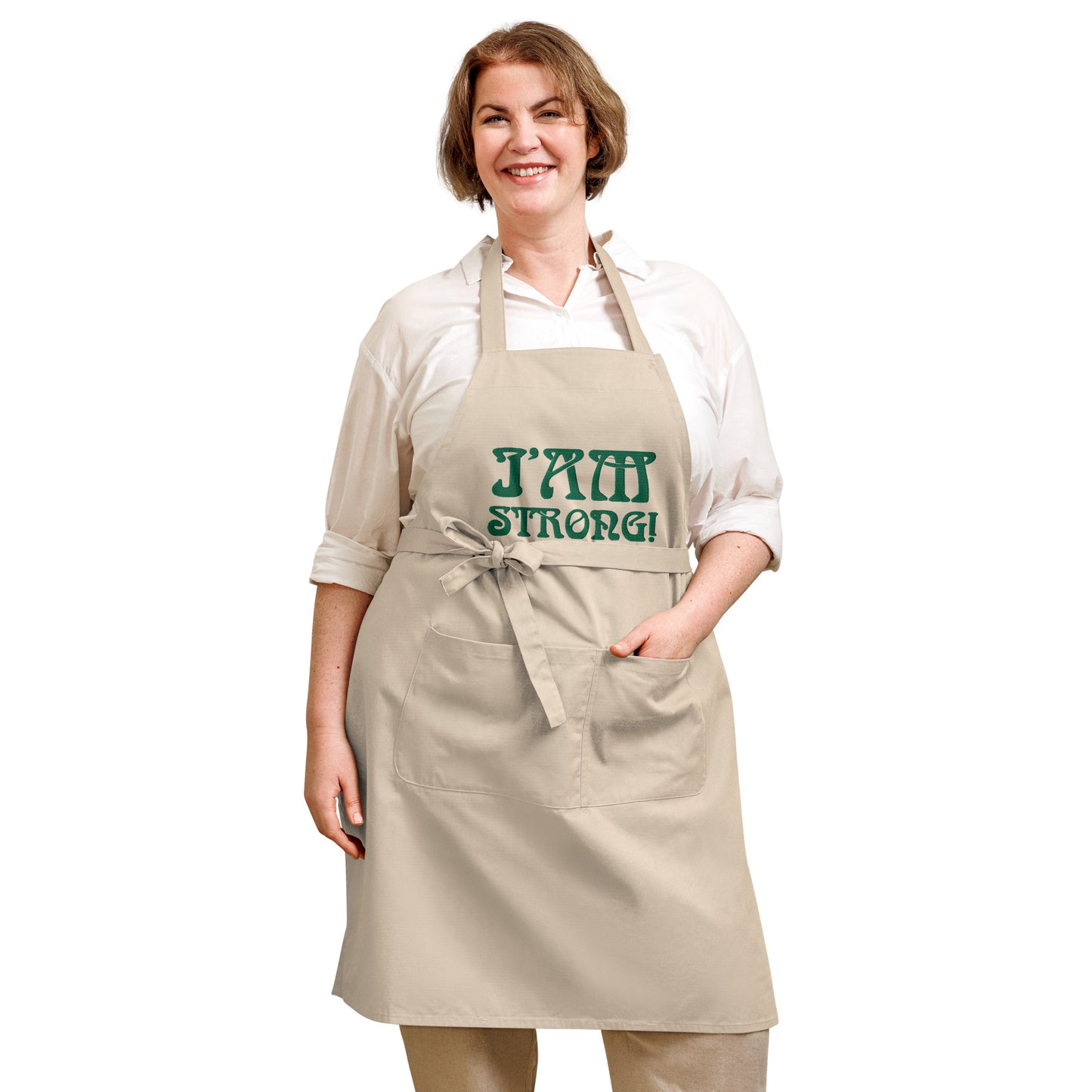 “I’AM STRONG!” Embroidered Organic Cotton Apron W/Green Font