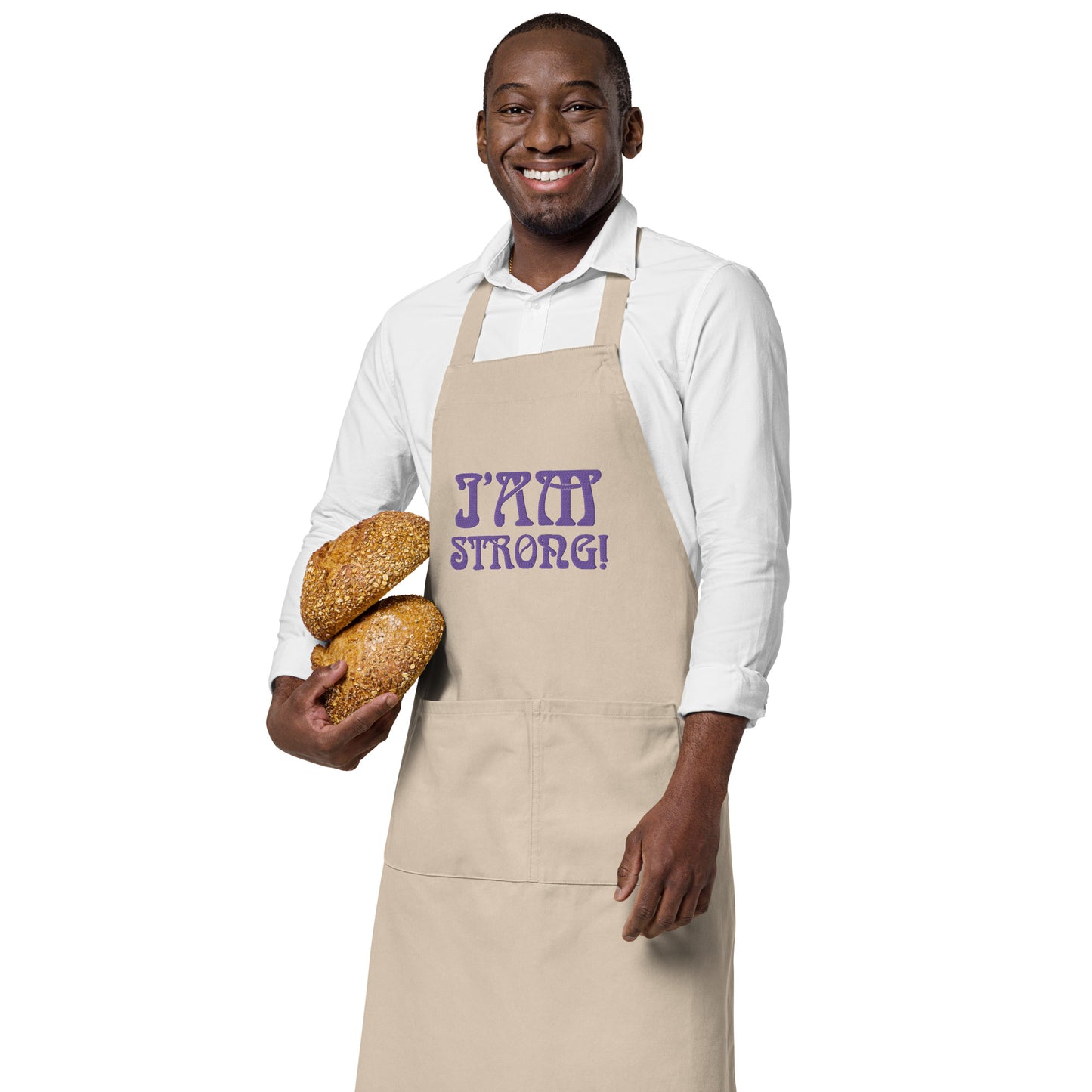 “I’AM STRONG!”Embroidered Organic Cotton Apron W/Purple Font