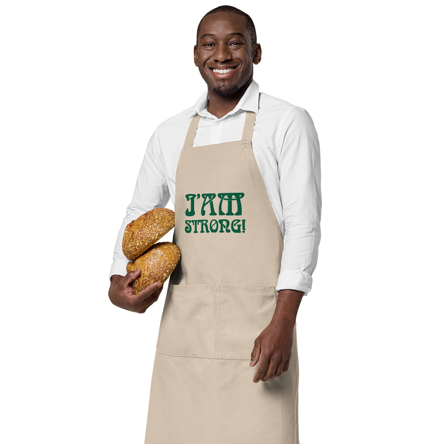 “I’AM STRONG!” Embroidered Organic Cotton Apron W/Green Font