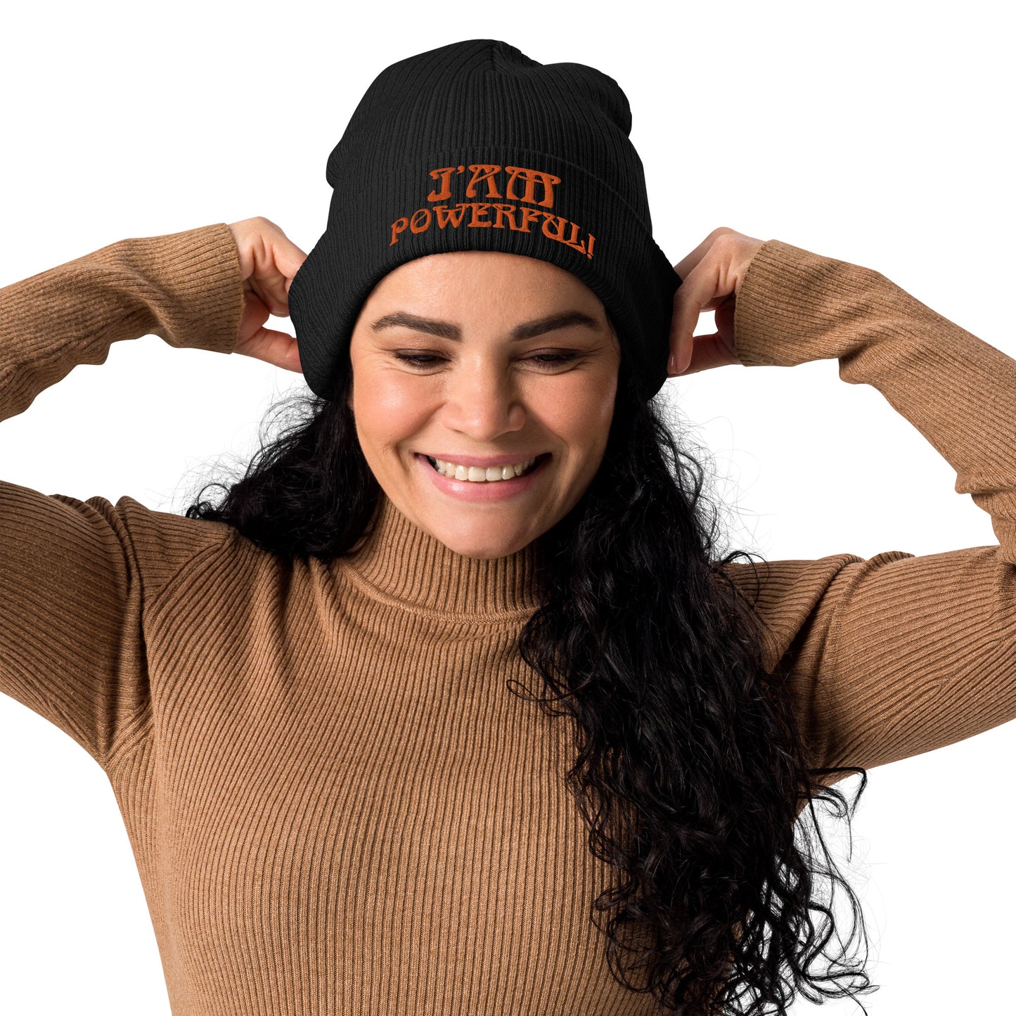 “I’AM POWERFUL!”Organic Ribbed Beanie W/Orange Font