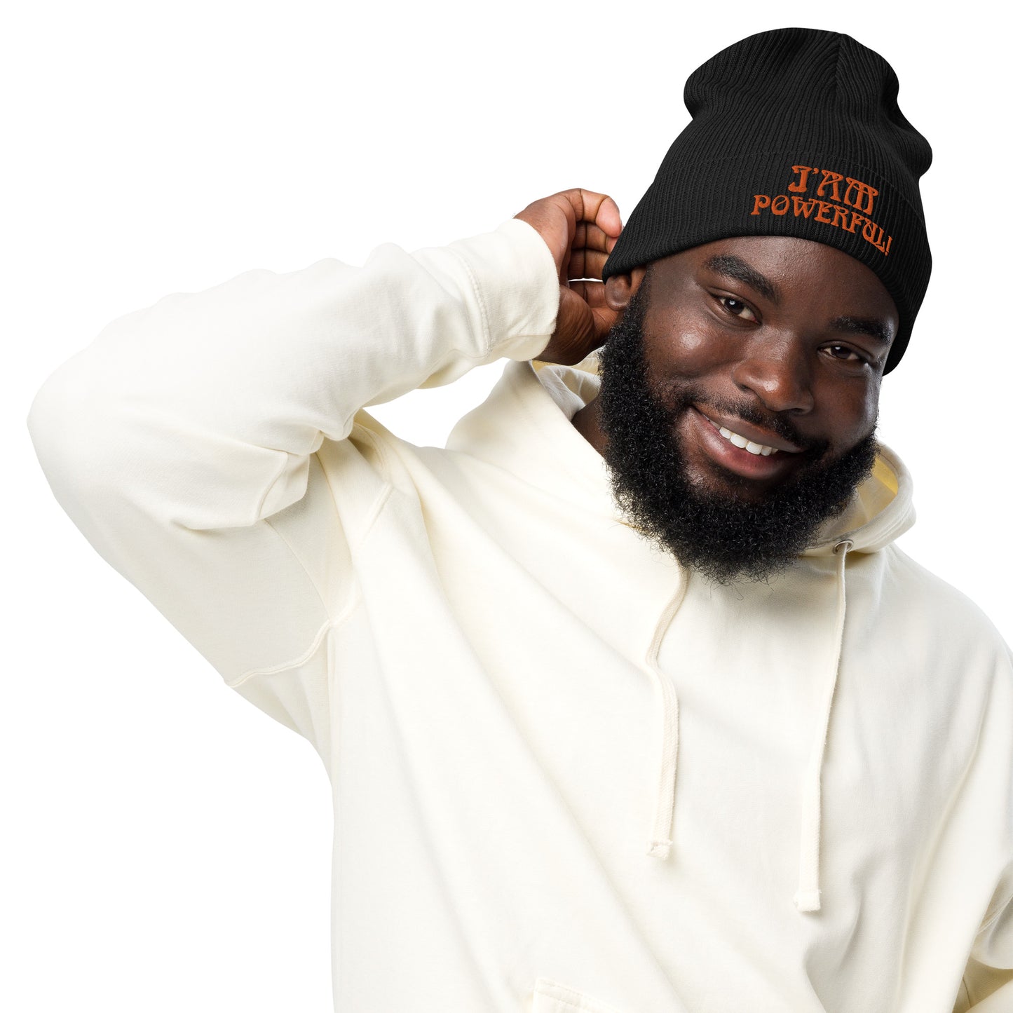 “I’AM POWERFUL!”Organic Ribbed Beanie W/Orange Font