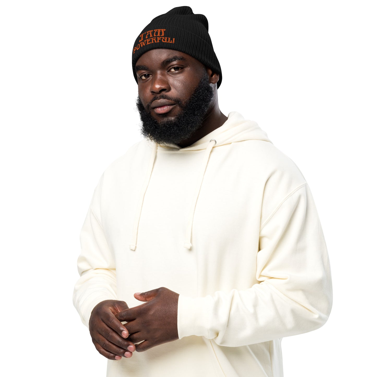 “I’AM POWERFUL!”Organic Ribbed Beanie W/Orange Font