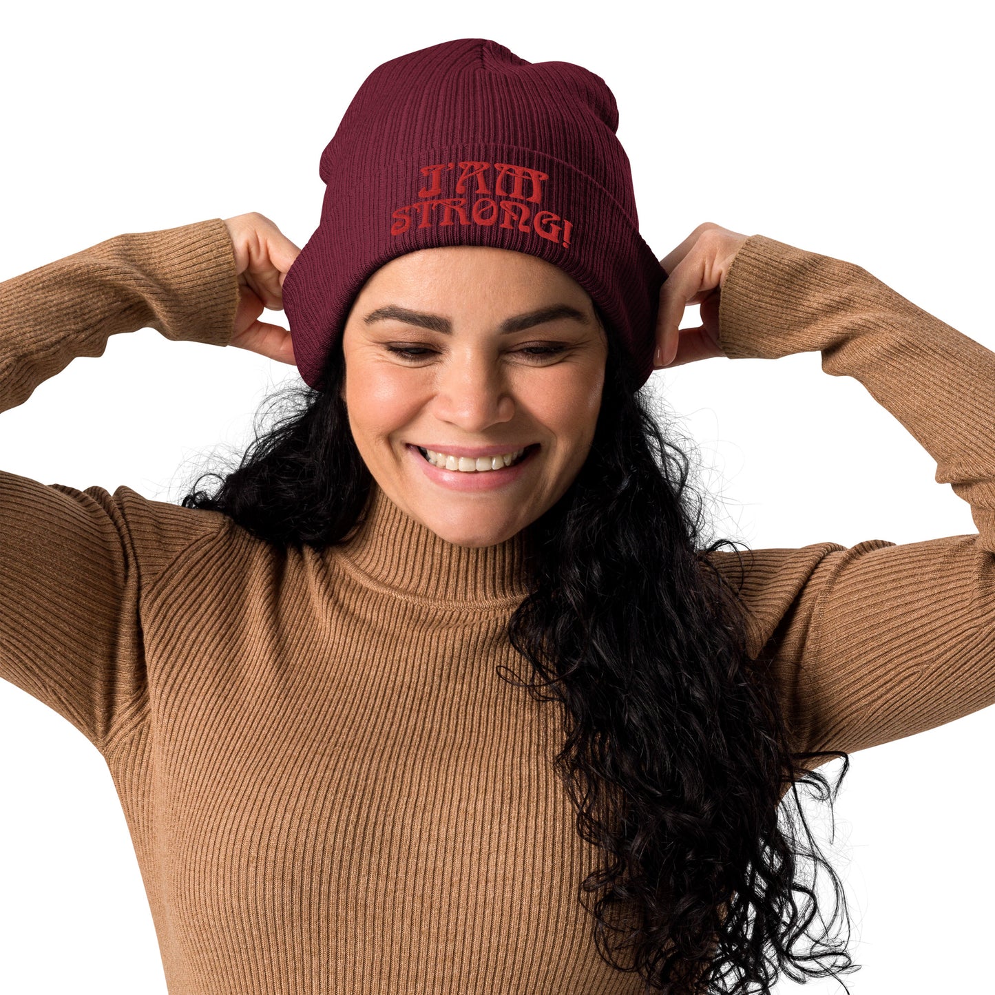 “I’AM STRONG!” Organic Ribbed Beanie W/Red Font