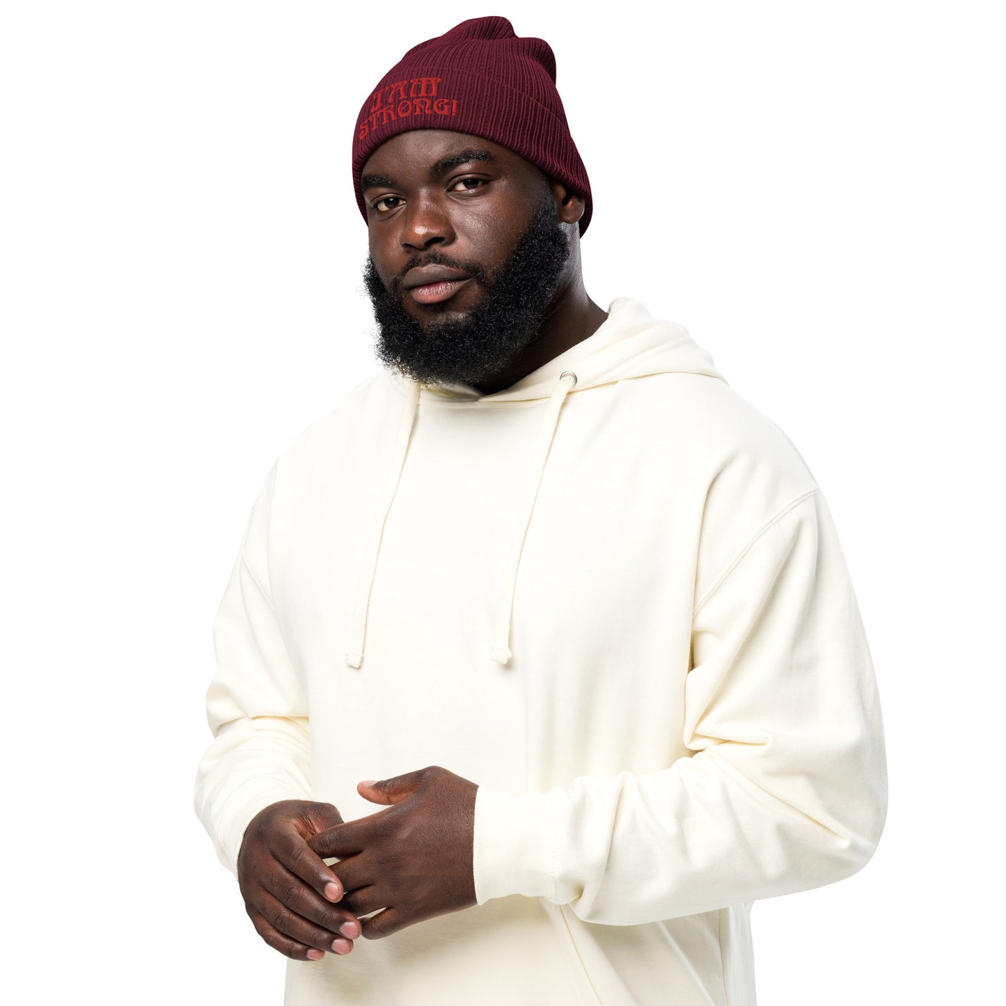 “I’AM STRONG!” Organic Ribbed Beanie W/Red Font
