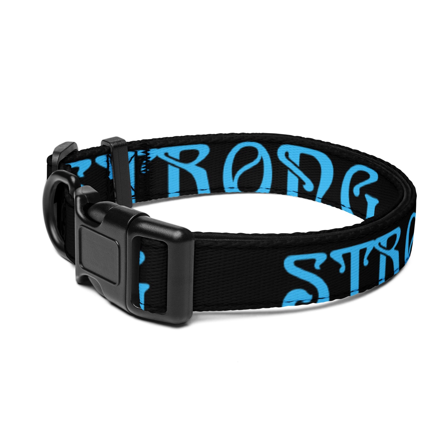 “STRONG” Black Pet Collar W/SkyBlue Font