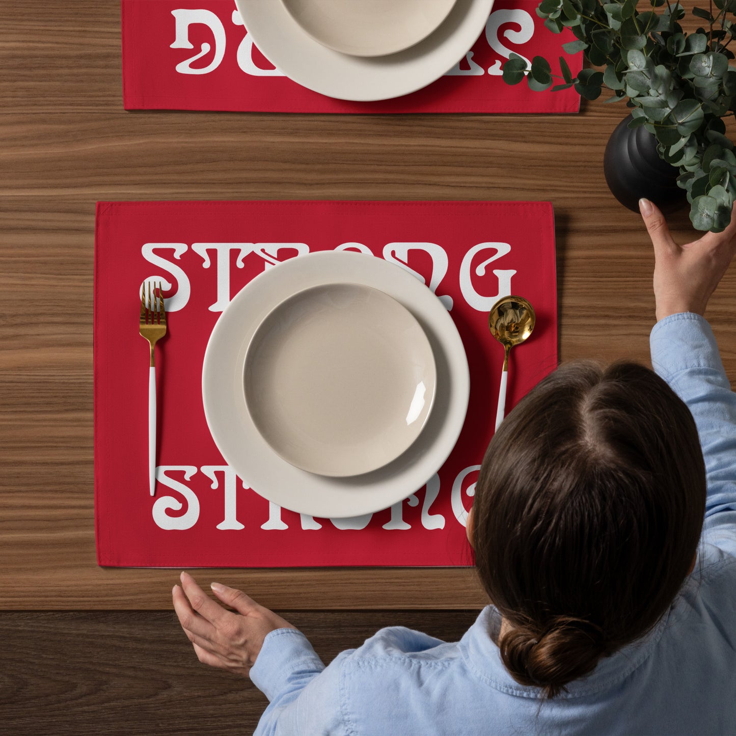 “STRONG”Red Placemat Set W/White Font