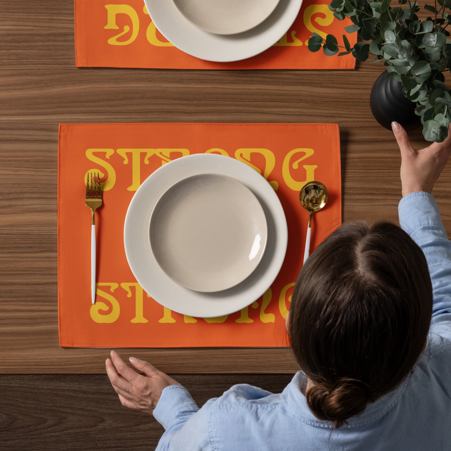 “STRONG”Orange Placemat Set W/Yellow Font