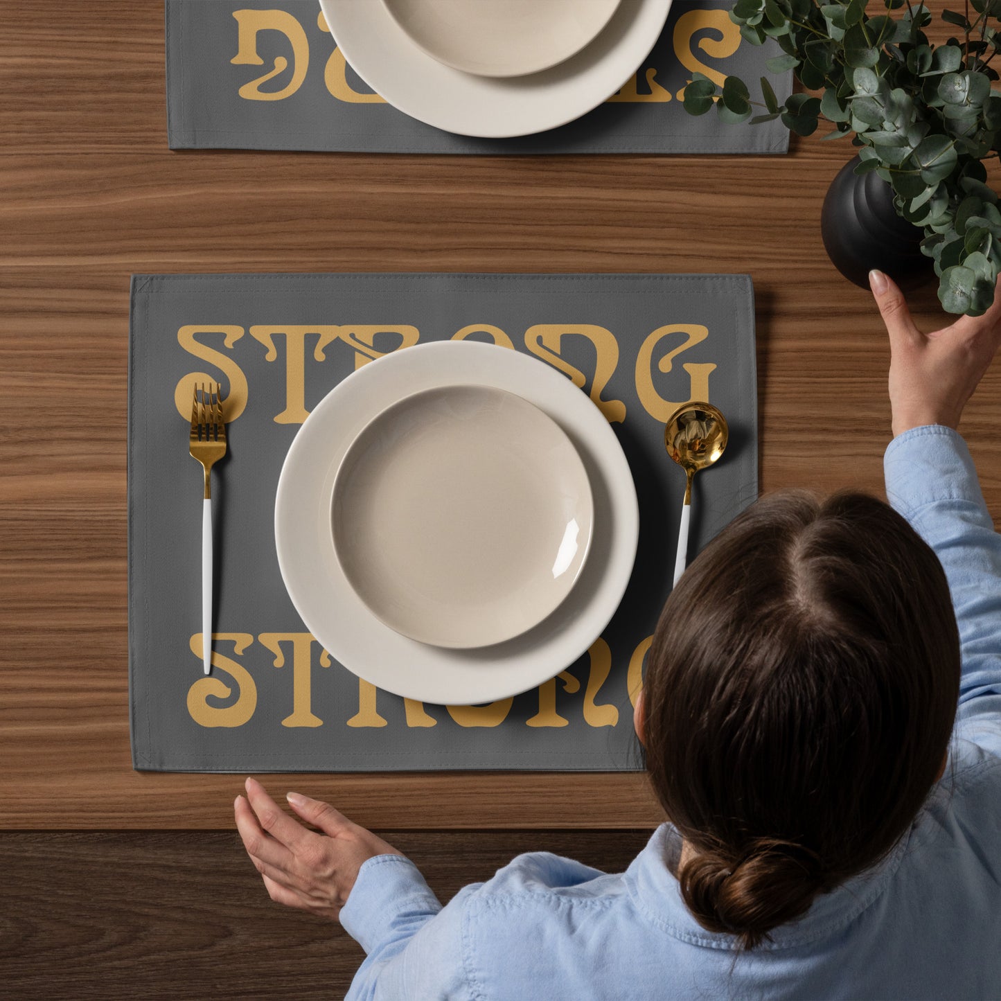 “STRONG”Grey Placemat Set W/Bronze Font