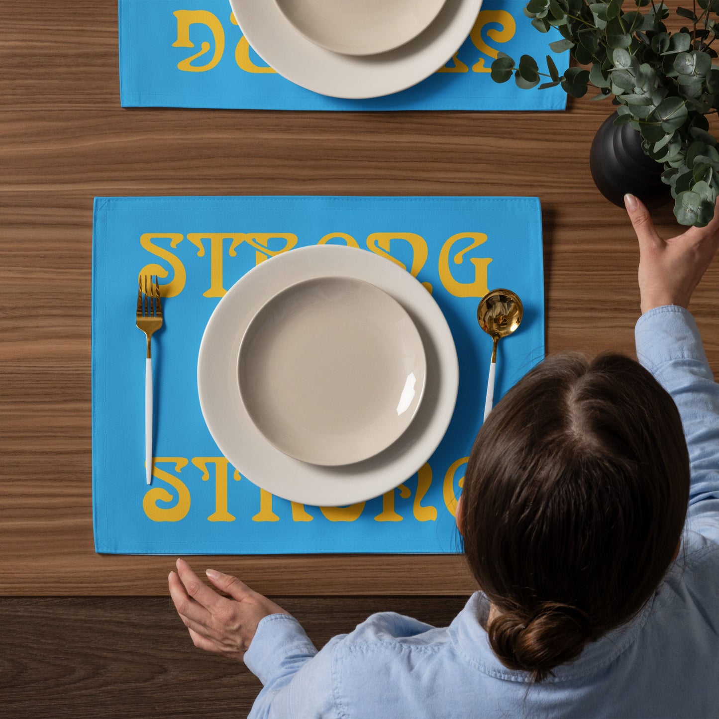 “STRONG”SkyBlue Placemat Set W/Yellow Font