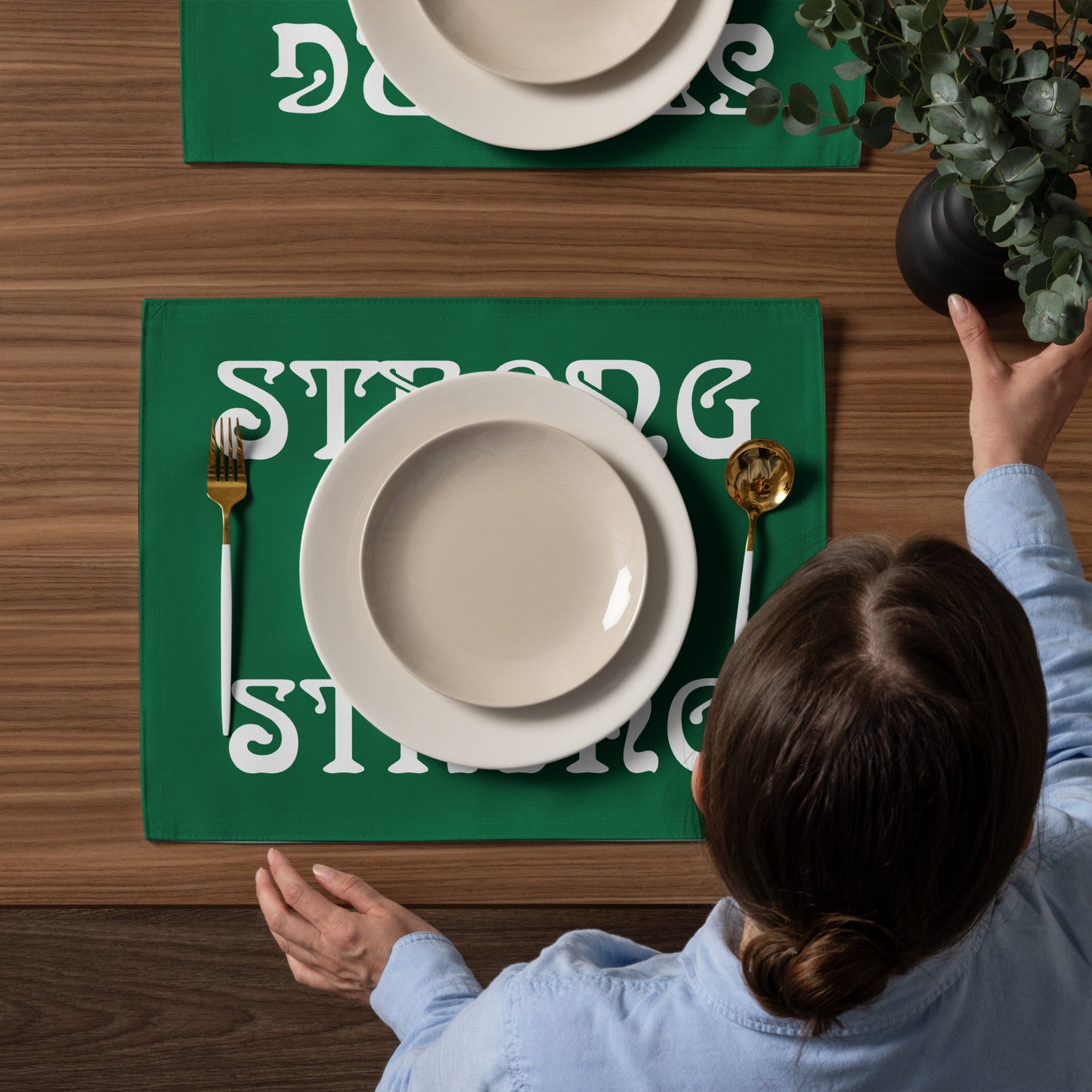 “STRONG”Green Placemat Set W/White Font