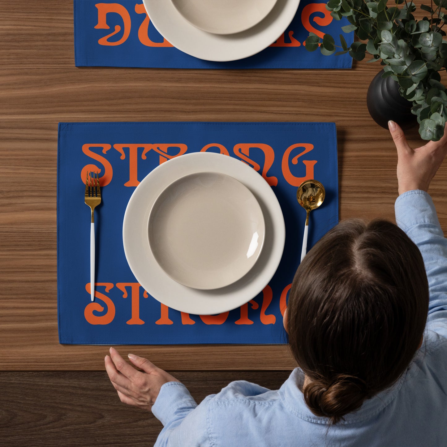 “STRONG”Blue Placemat Set W/Orange Font