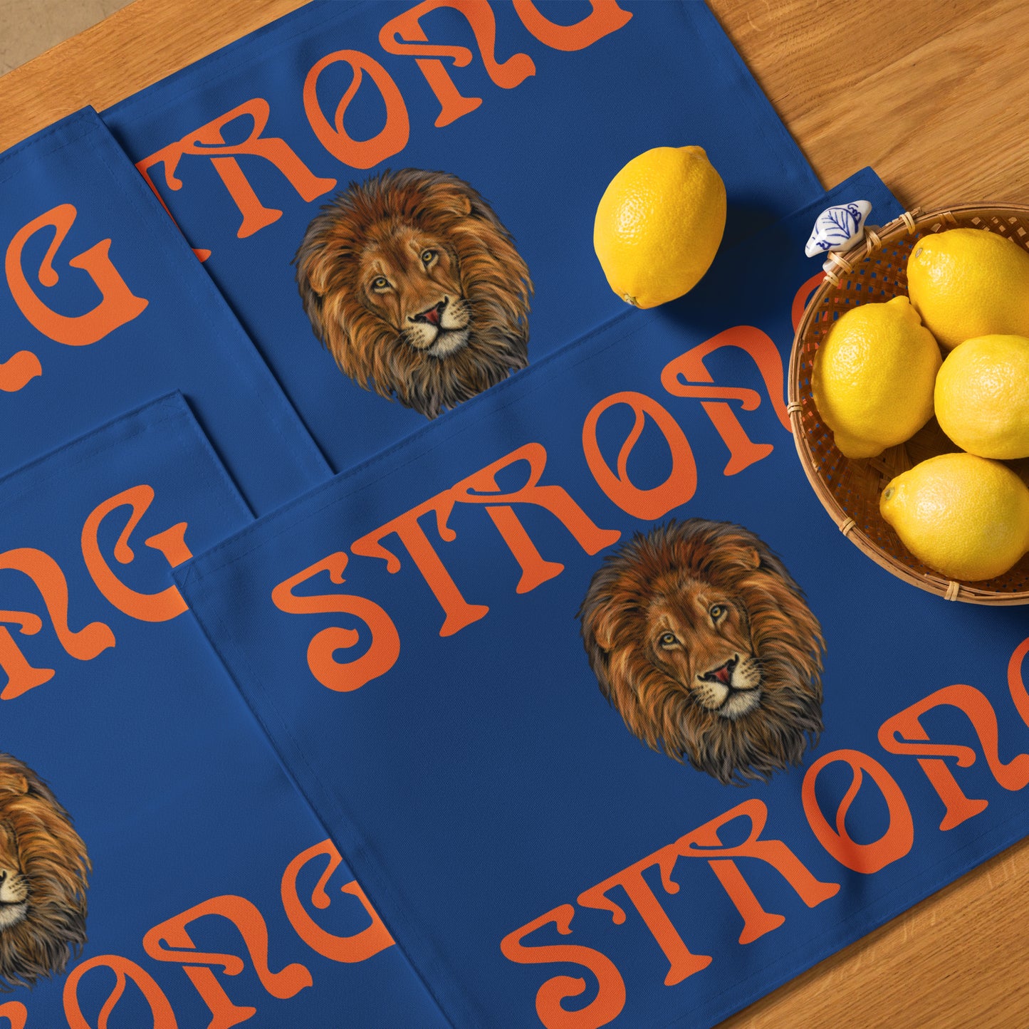 “STRONG”Blue Placemat Set W/Orange Font