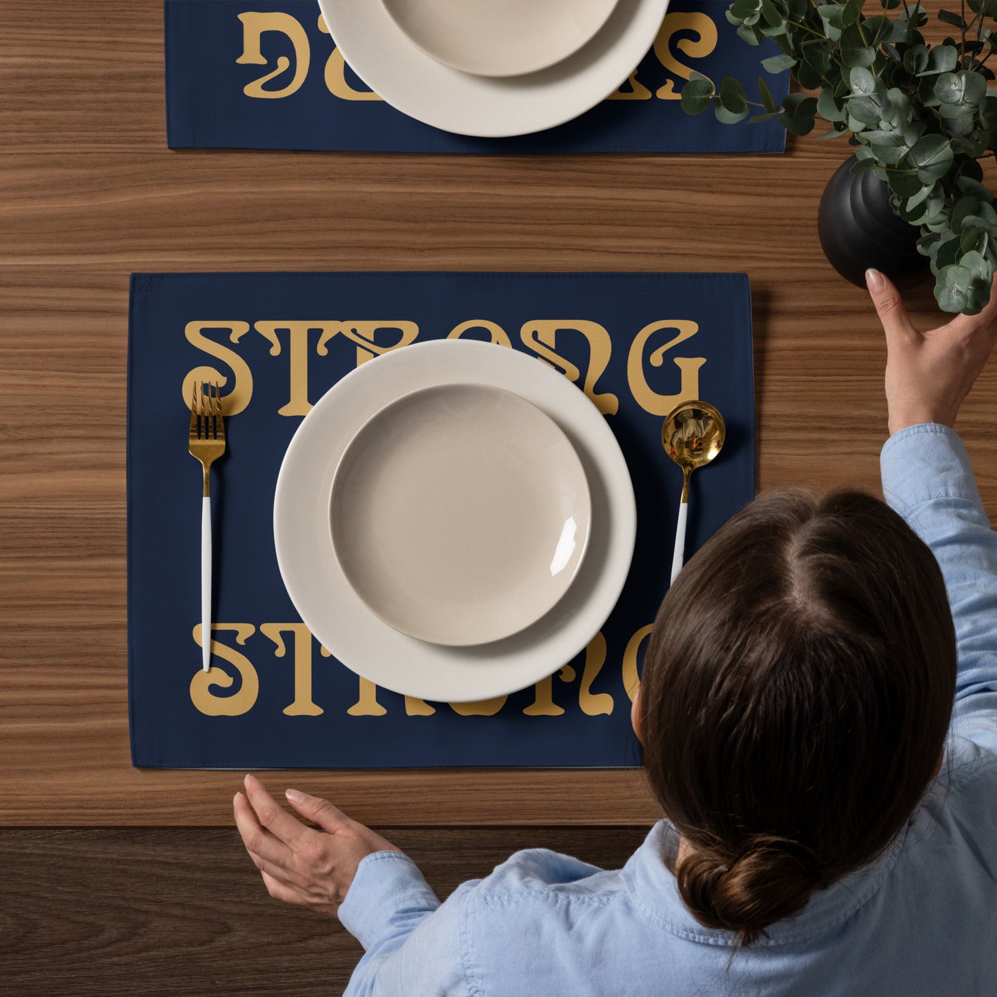 “STRONG”Navy Placemat Set W/Fawn Font