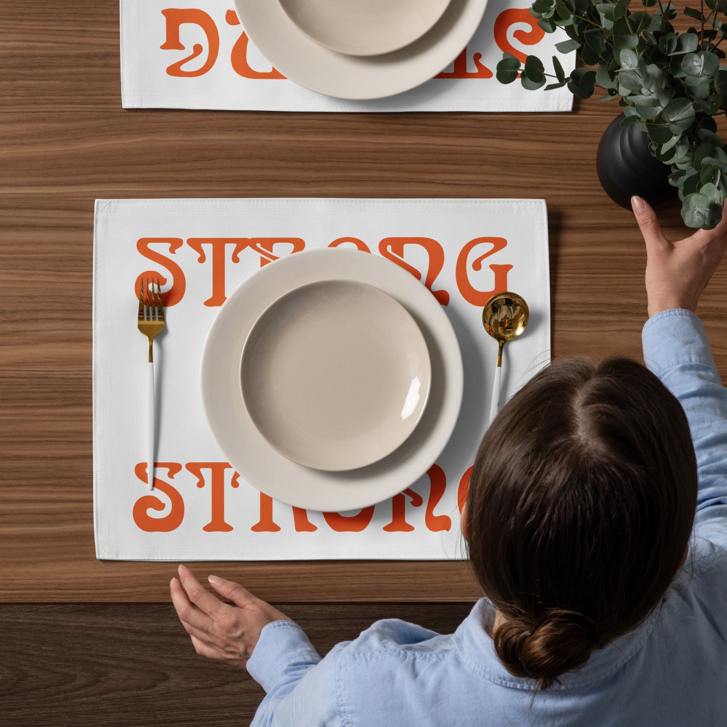 “STRONG”White Placemat Set W/Orange Font