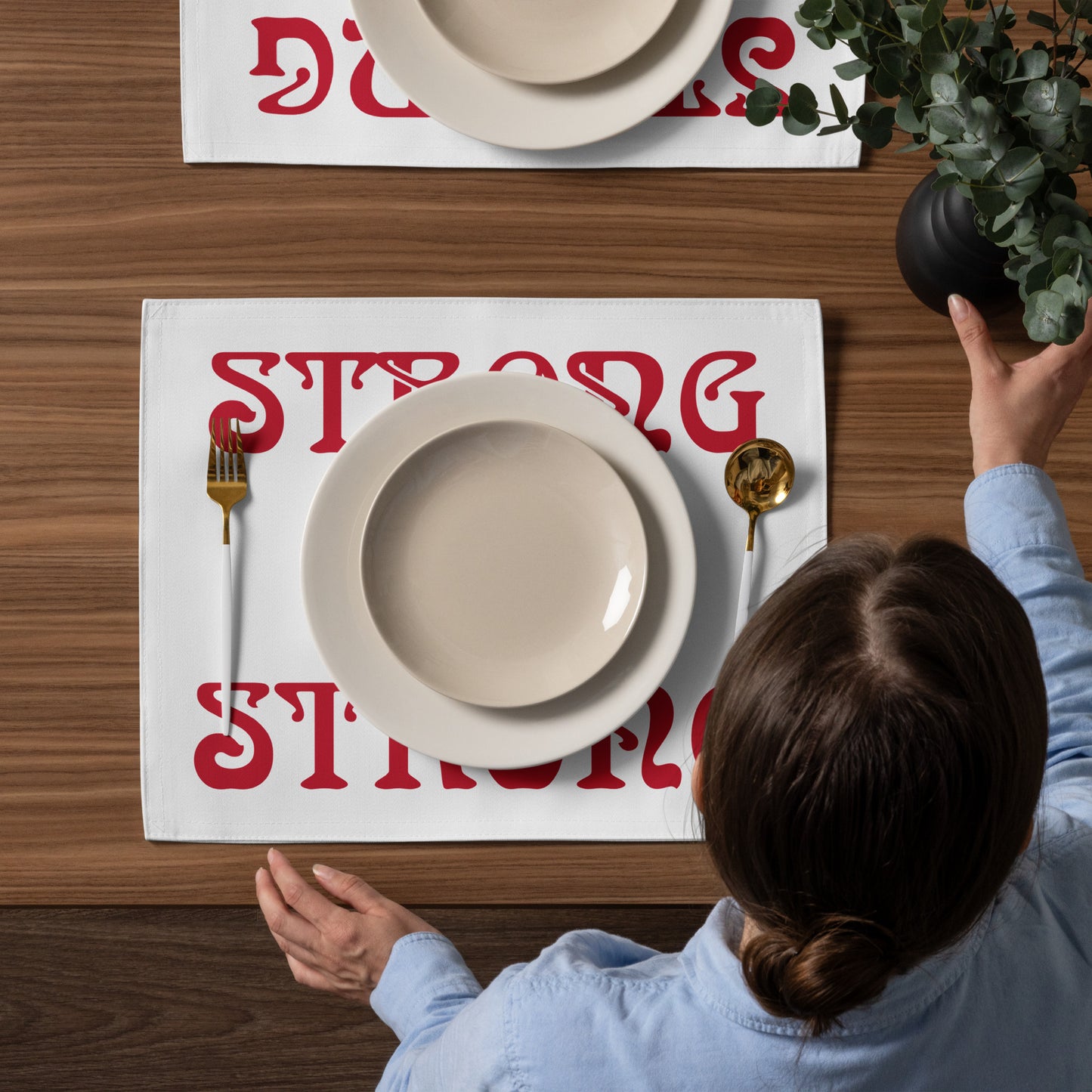 “STRONG”White Placemat Set W/Red Font