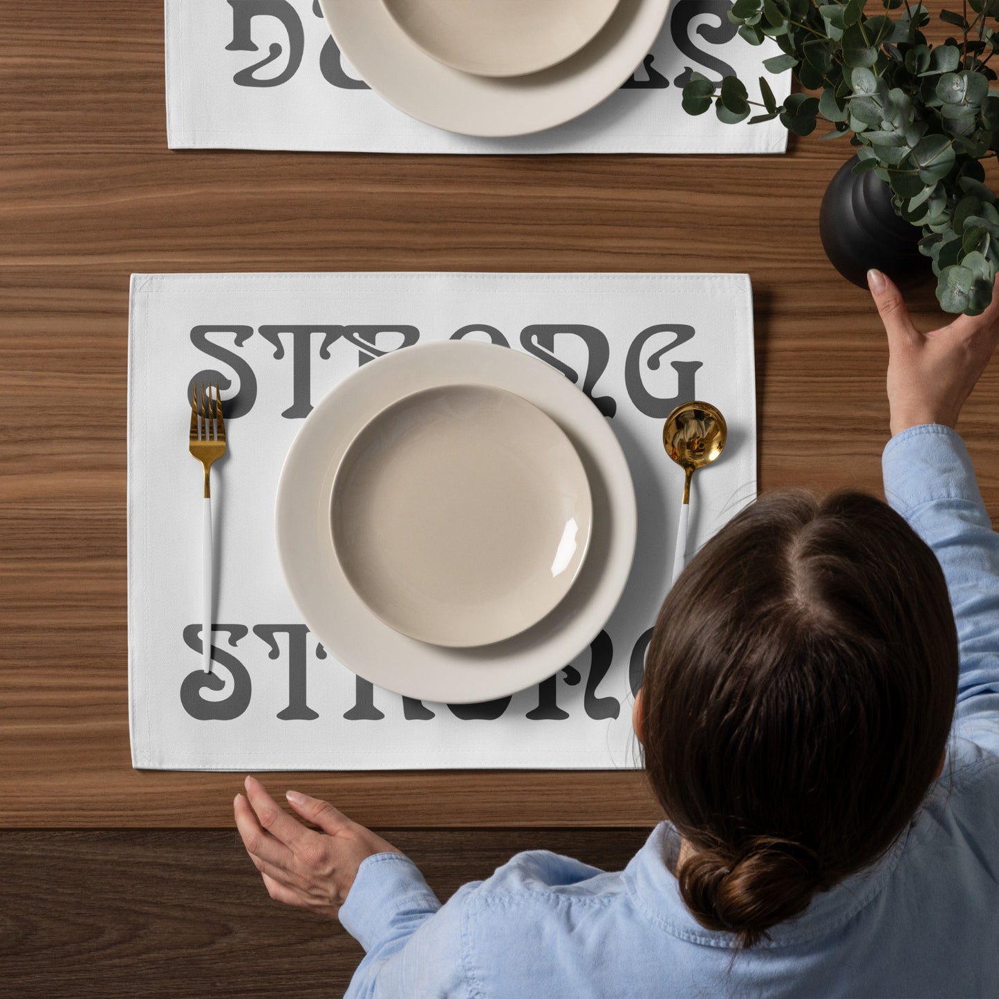 “STRONG”White Placemat Set W/Grey Font
