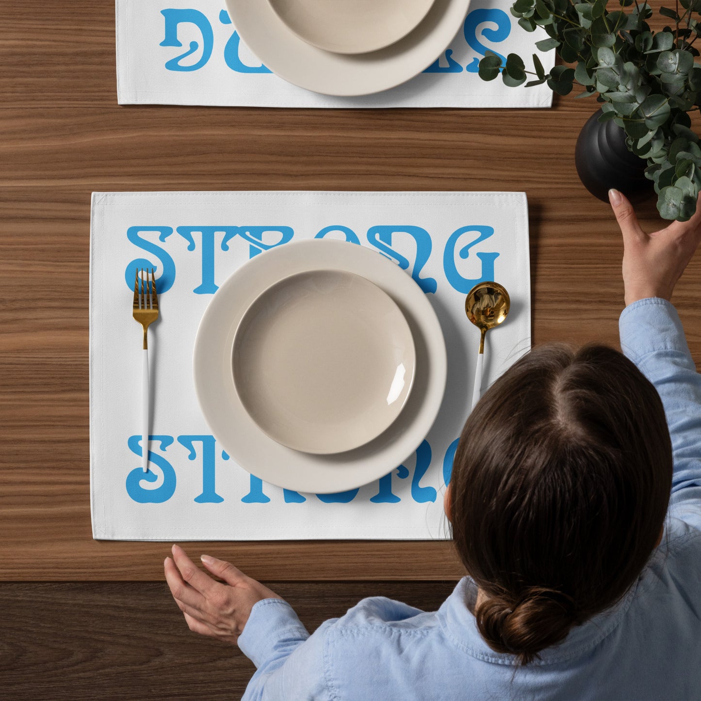 “STRONG”White Placemat Set W/SkyBlue Font