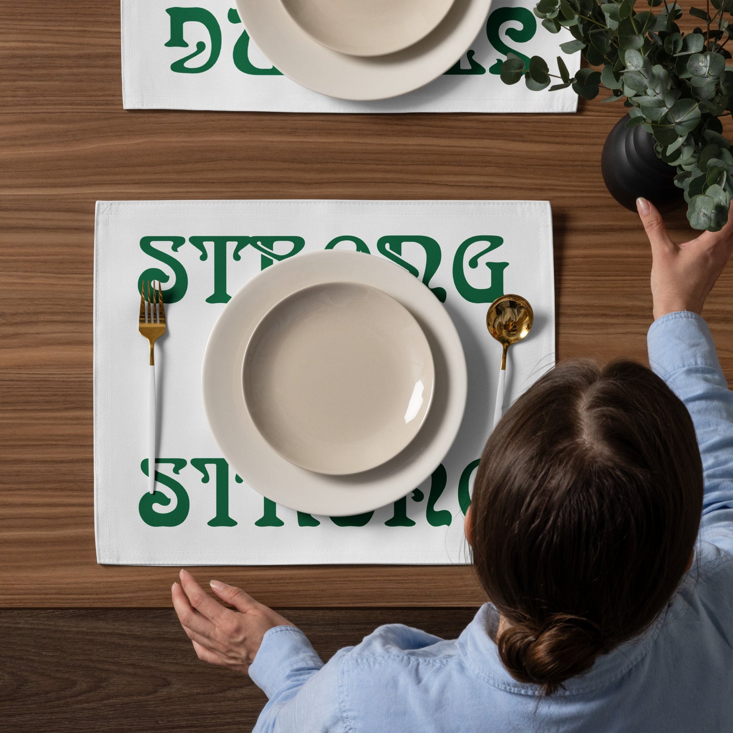 “STRONG”White Placemat Set W/Green Font