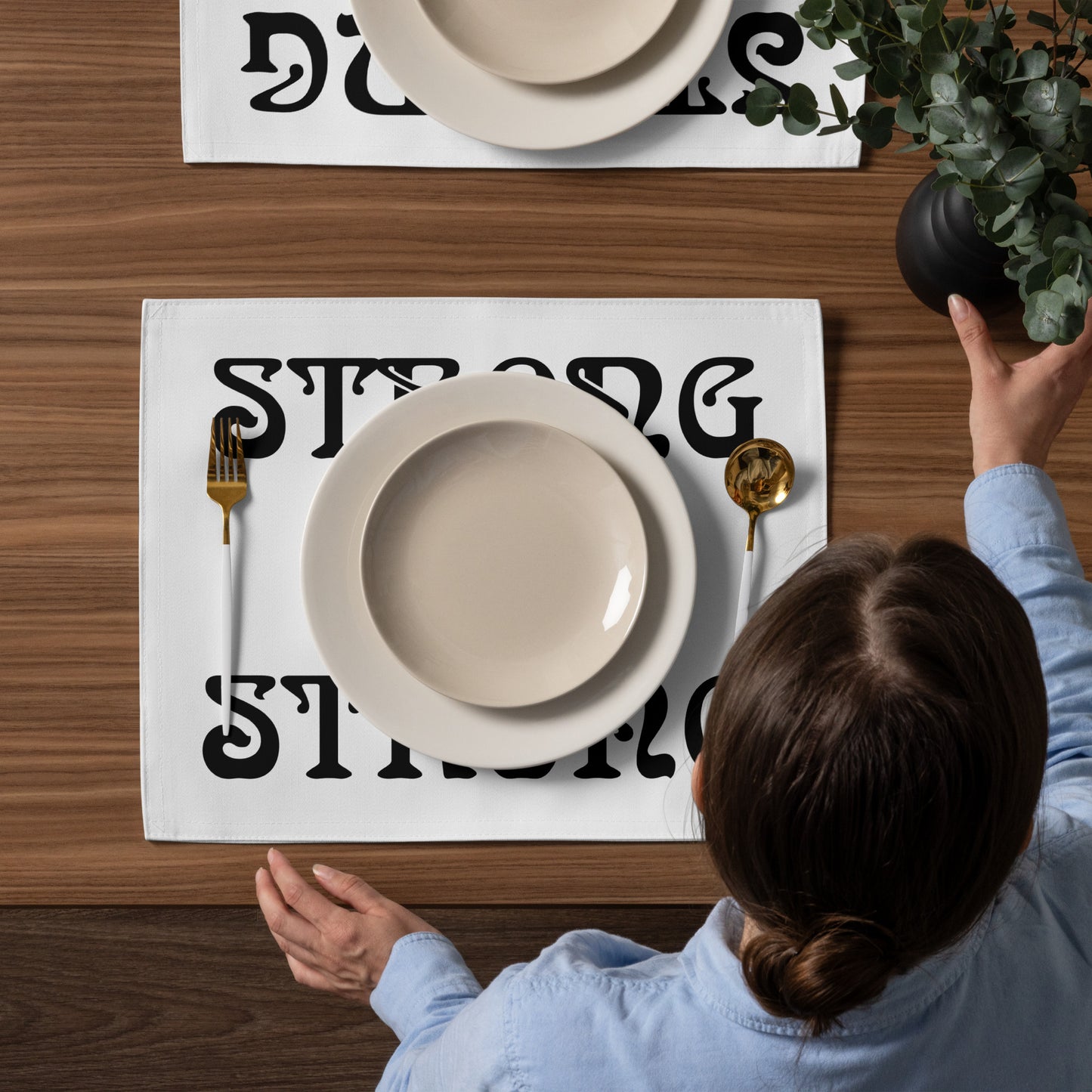 “STRONG”White Placemat Set W/Black Font