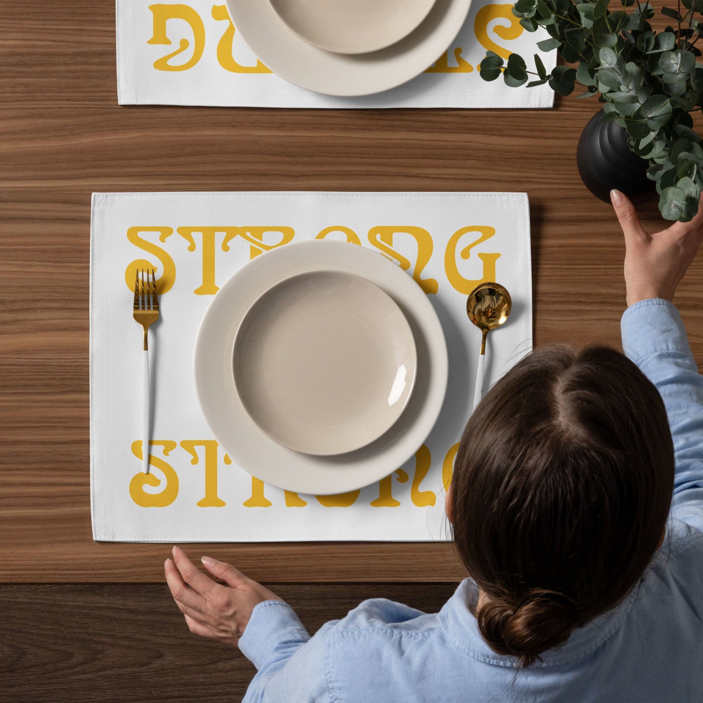 “STRONG”White Placemat Set W/Yellow Font