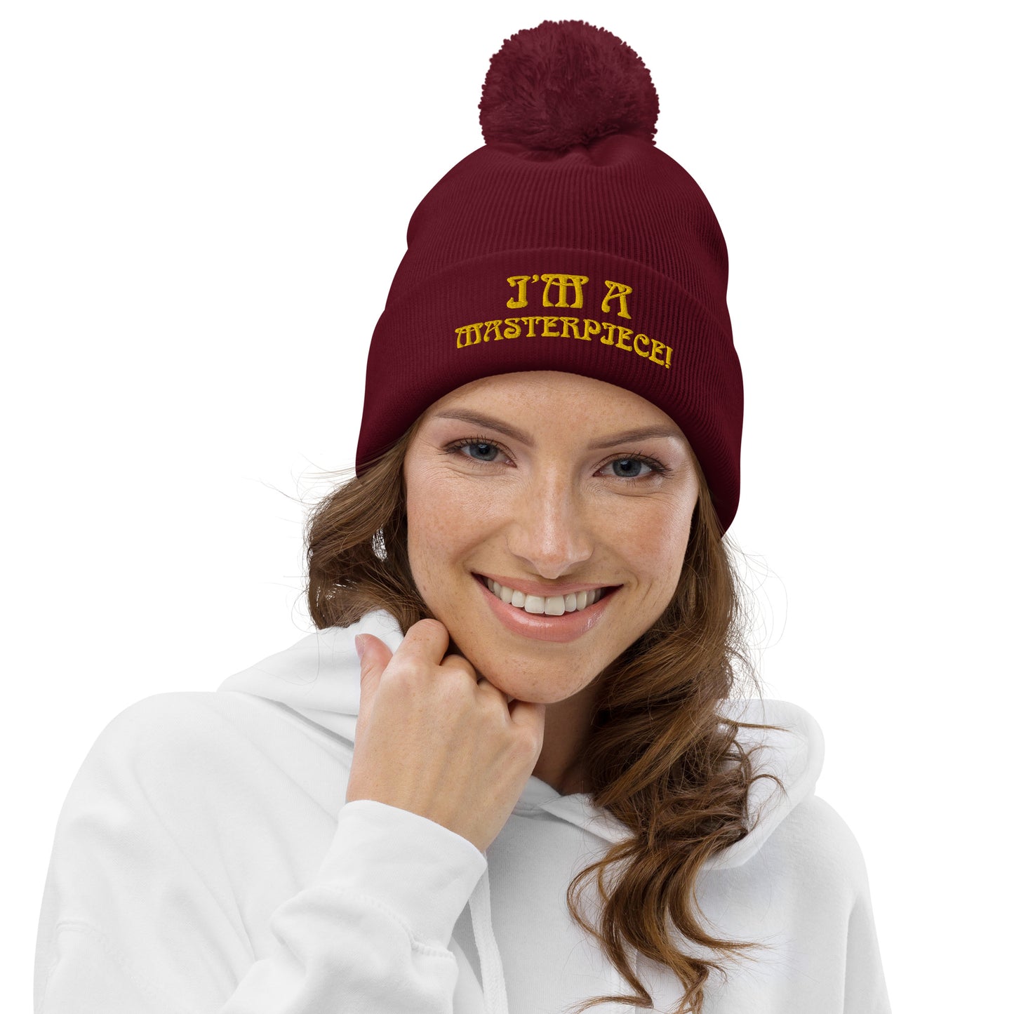 "I’M A MASTERPIECE!"Pom Pom Beanie W/Yellow Font