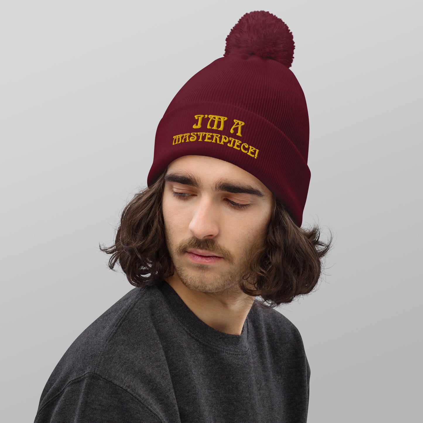 "I’M A MASTERPIECE!"Pom Pom Beanie W/Yellow Font