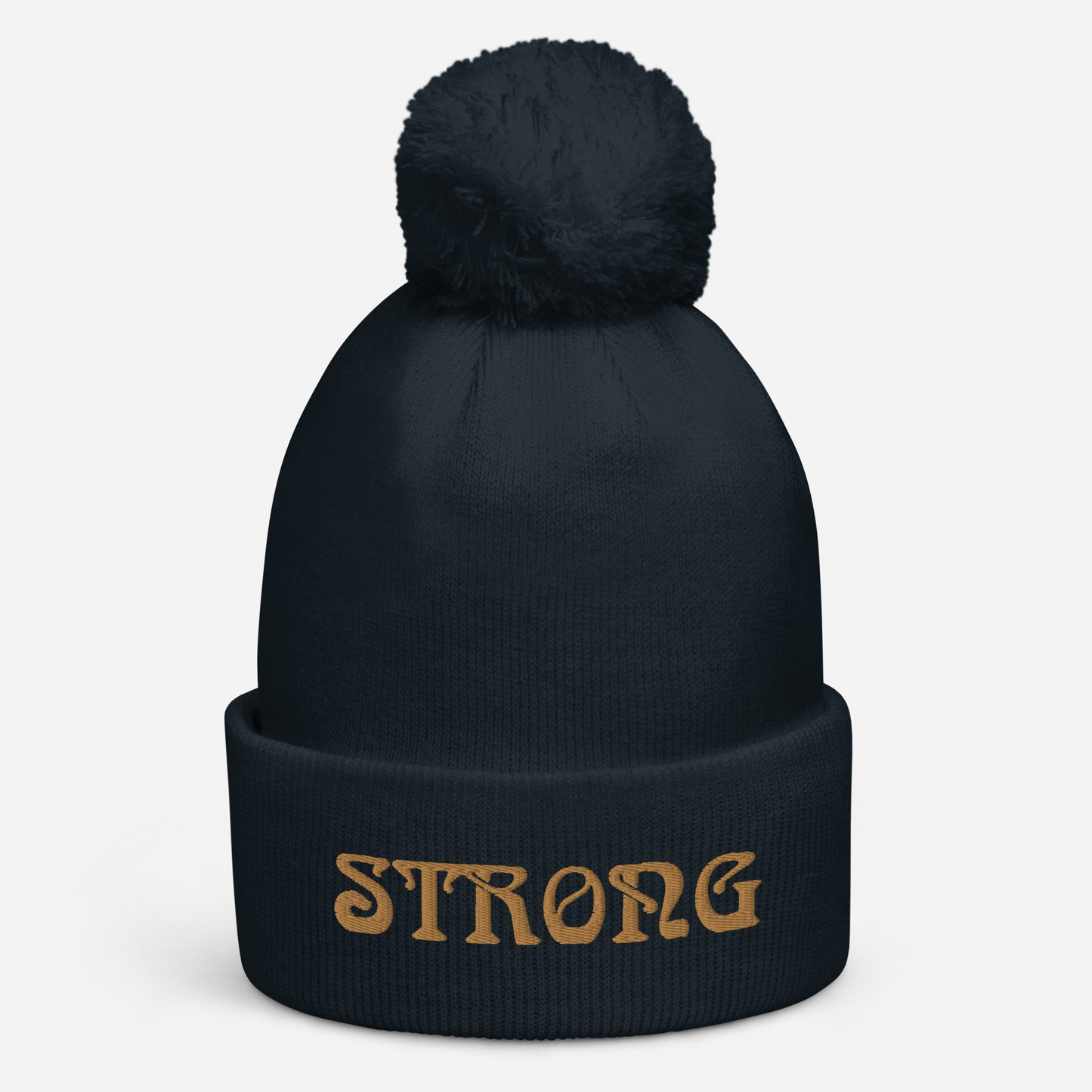 “STRONG”Dark Color’s Pom Pom Beanie W/Bronze Font