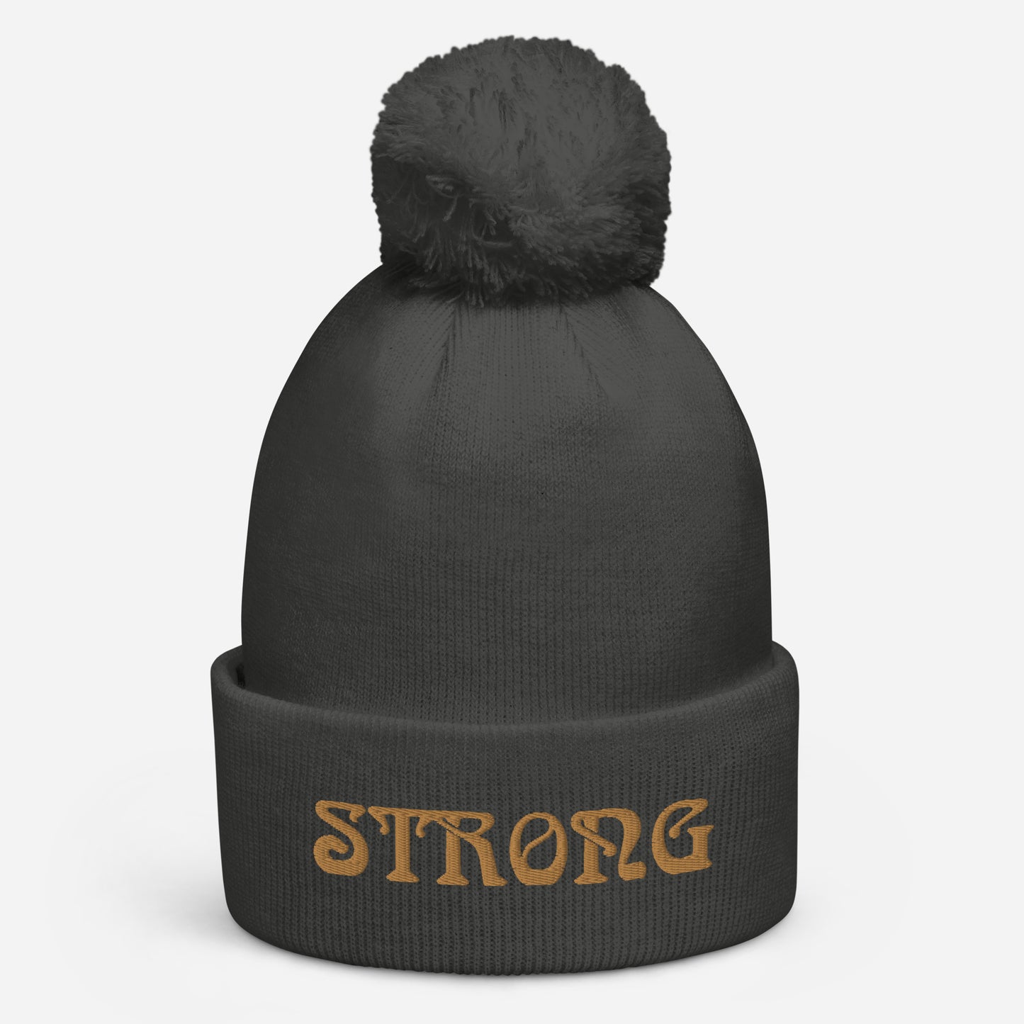 “STRONG”Dark Color’s Pom Pom Beanie W/Bronze Font