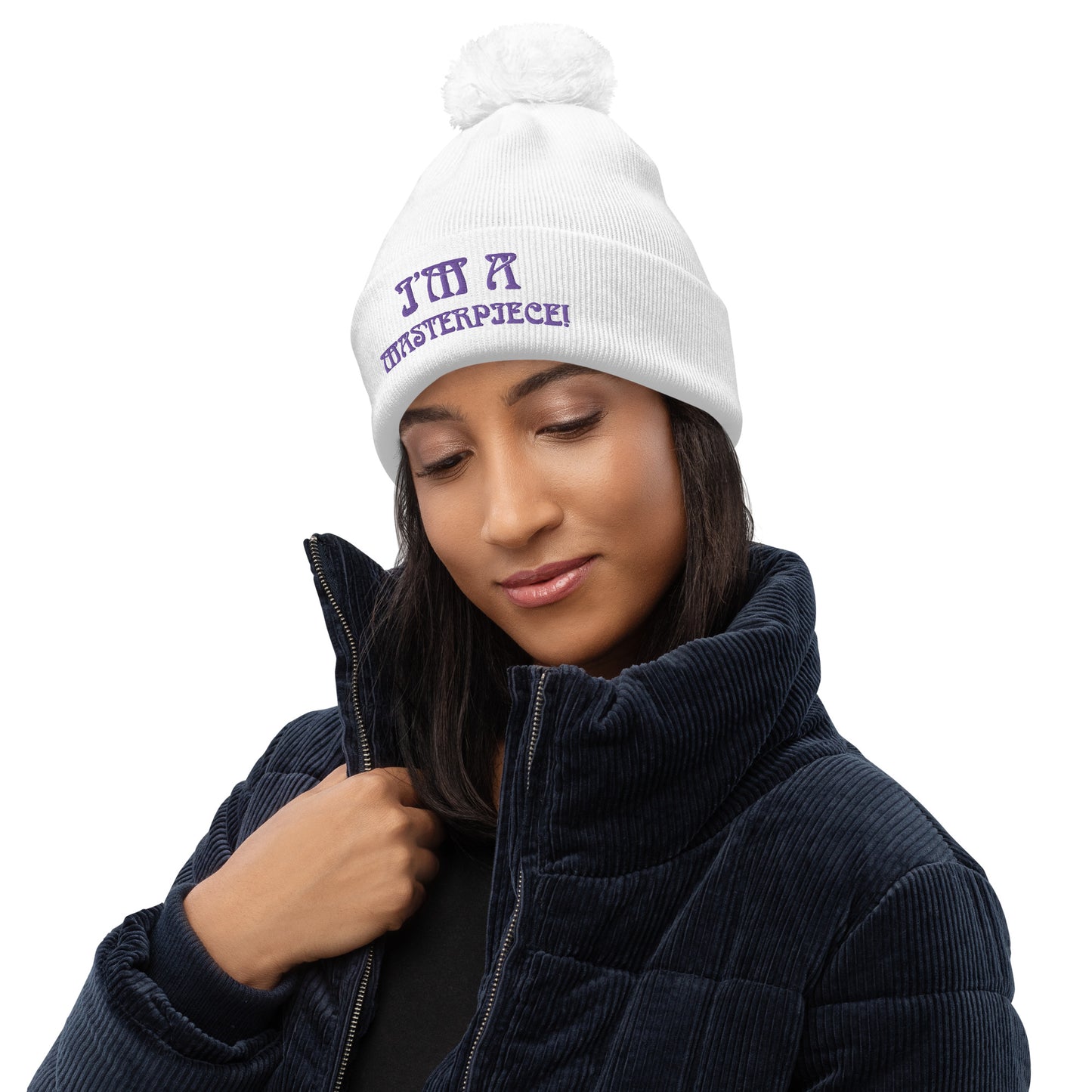 "I’M A MASTERPIECE!"Pom Pom Beanie W/Purple Font