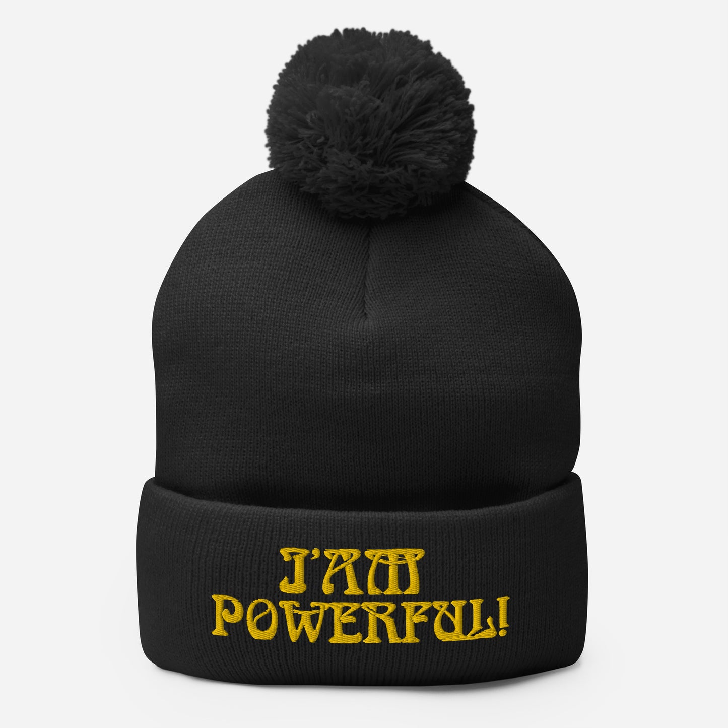"I’AM POWERFUL!"Pom-Pom Beanie W/Yellow Font