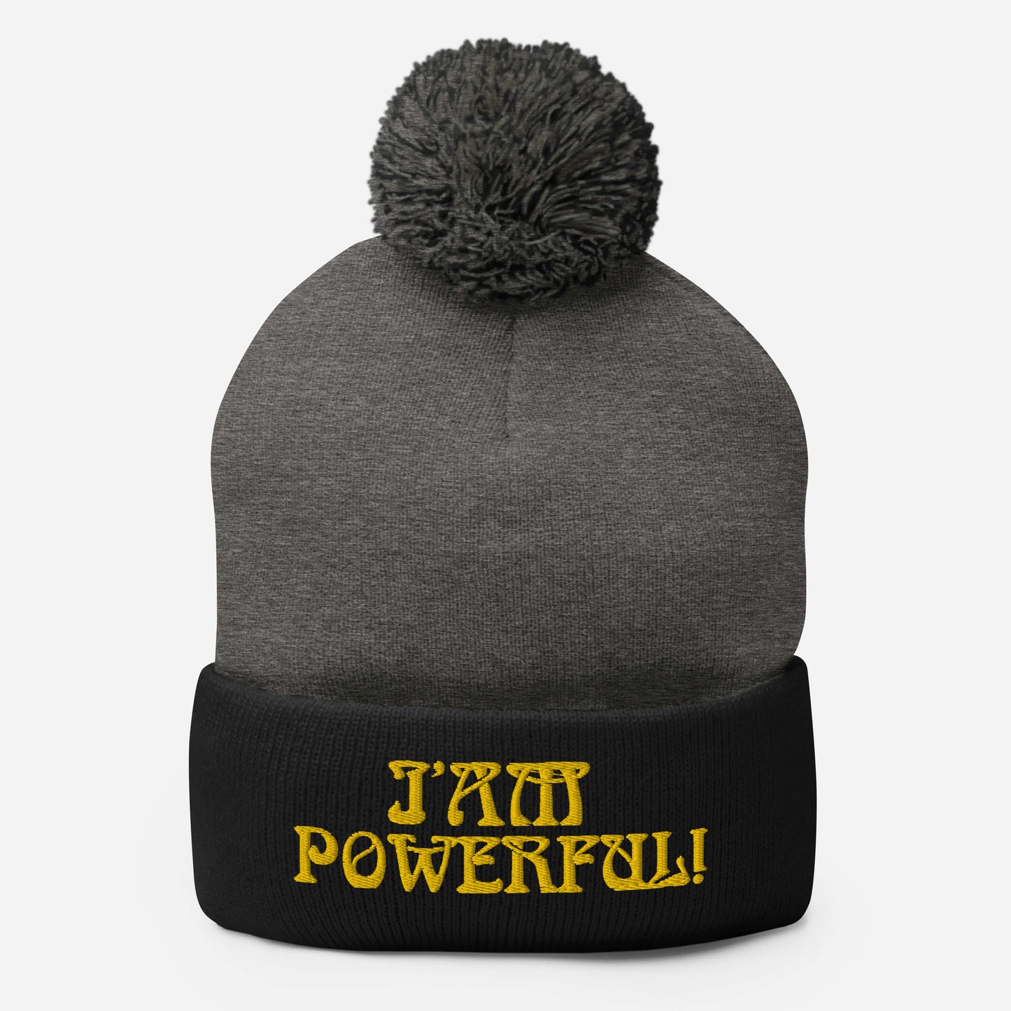 "I’AM POWERFUL!"Pom-Pom Beanie W/Yellow Font