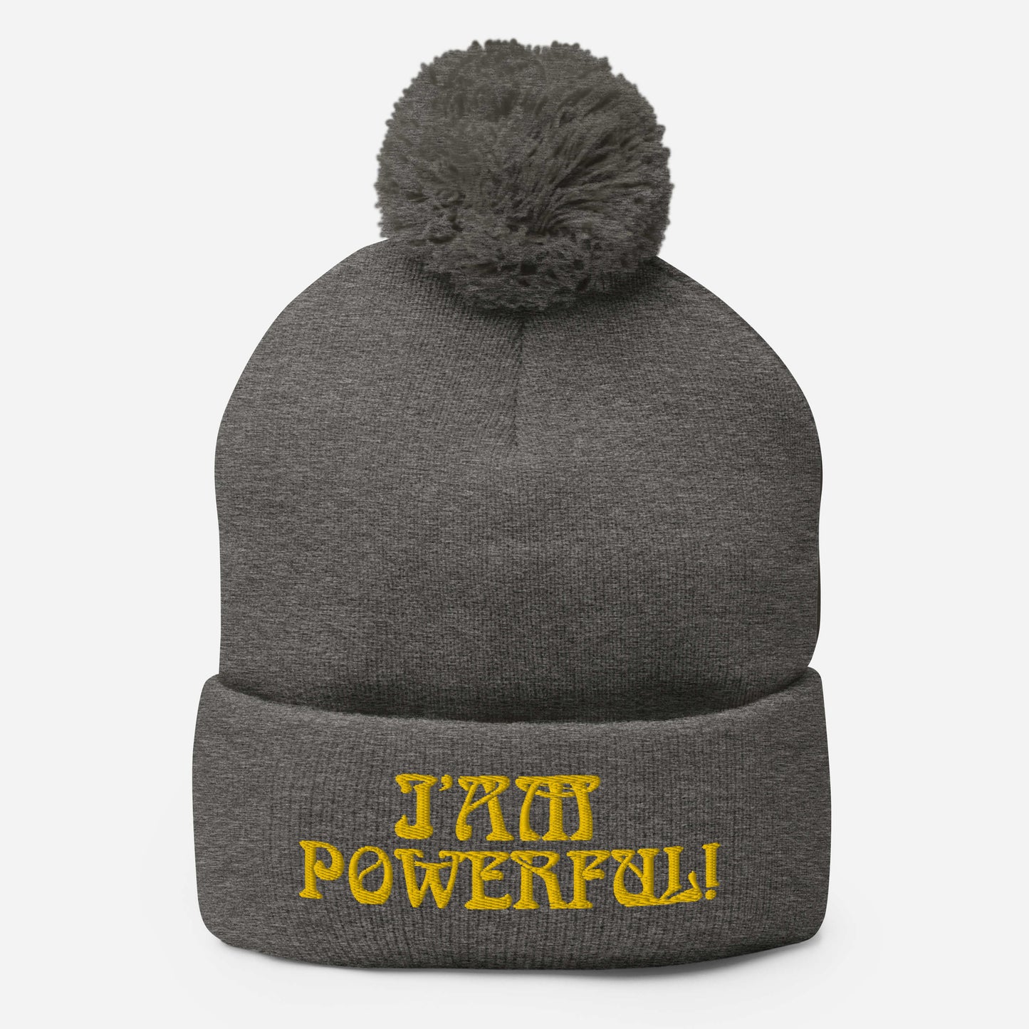 "I’AM POWERFUL!"Pom-Pom Beanie W/Yellow Font